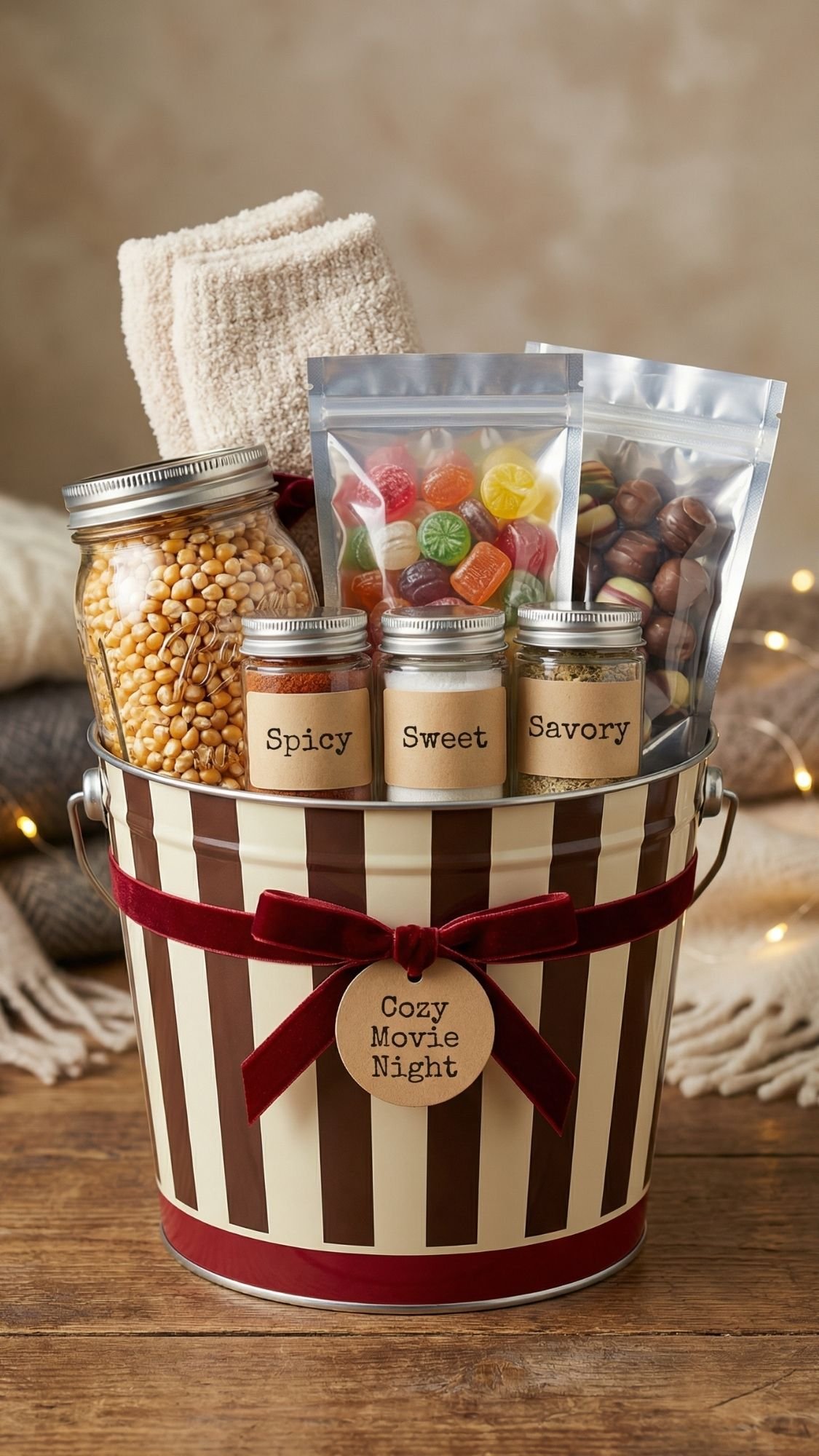 A striped bucket labeled Cozy Movie Night offers a perfect DIY gift set idea for cozy winter nights—filled with popcorn jars, spicy, sweet, and savory spices, candy and nuts in clear bags, and soft towels. All set on a wooden surface with a cozy backdrop.