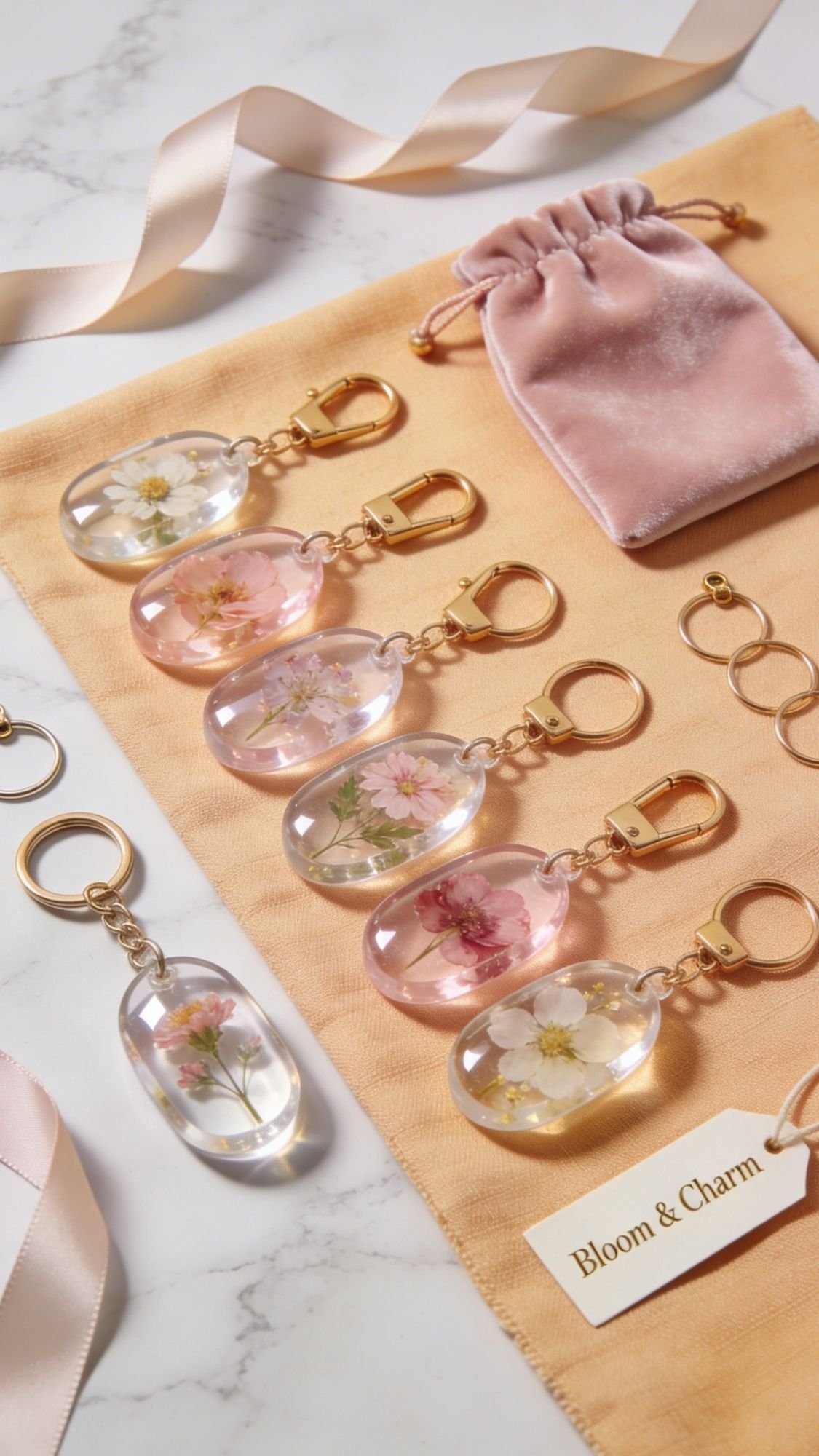 Five resin keychains with pressed flowers inside rest on a peach cloth beside a pink velvet pouch, gold key rings, ribbon, and a Bloom & Charm card—perfect for DIY flower gifts on a beautiful marble surface.