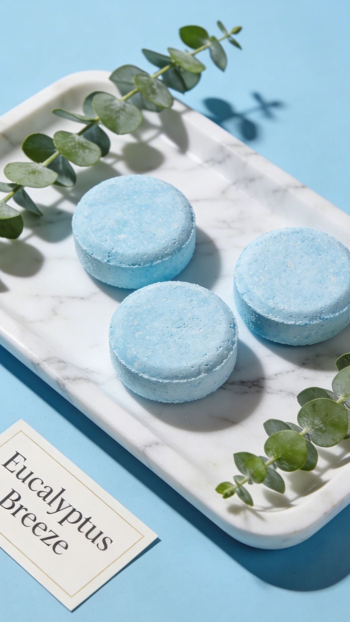 Three round blue bath bombs are arranged on a white marble tray with eucalyptus sprigs, set on a light blue background. A card labeled “Eucalyptus Breeze” lies next to the tray—perfect for Handmade Gift Ideas or year-round gifts.