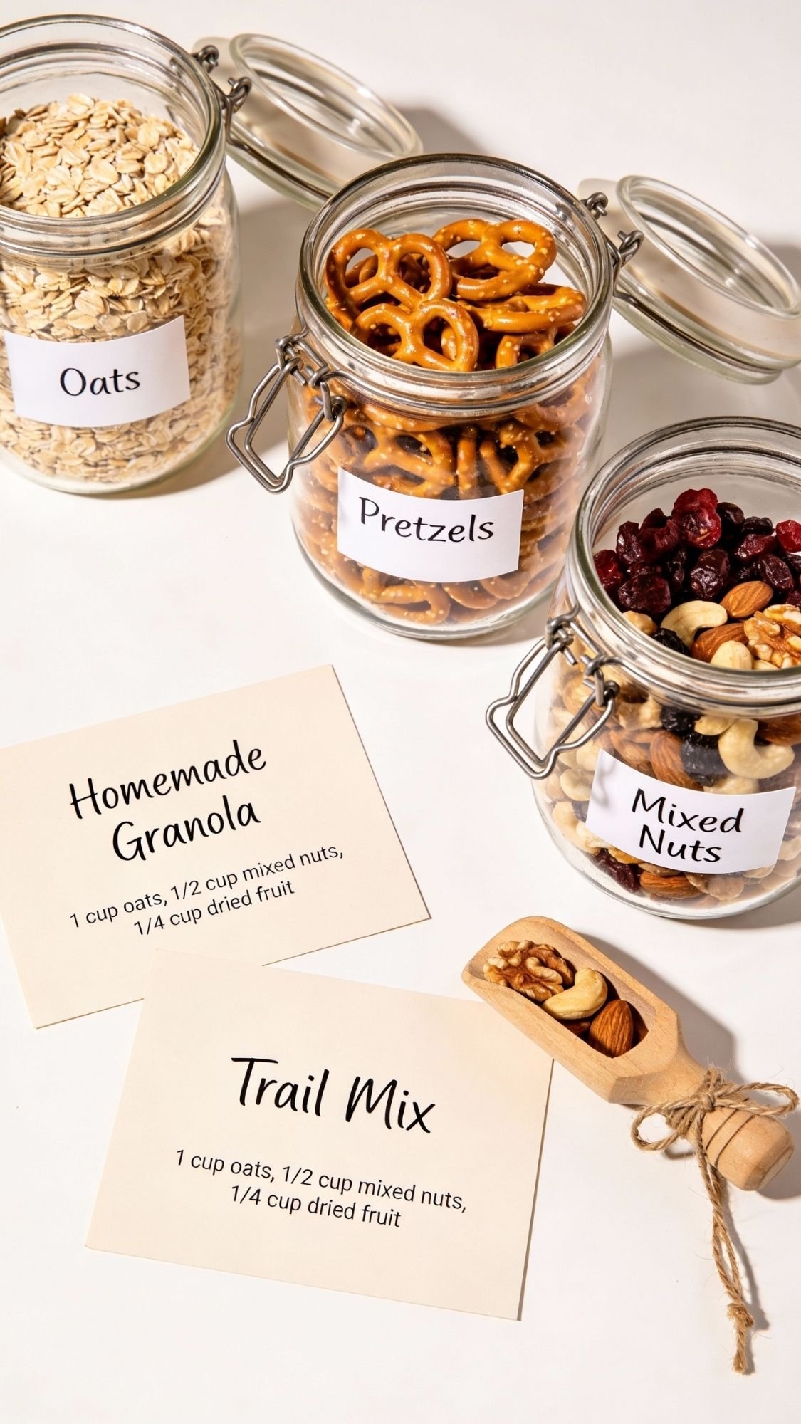 Three glass jars labeled Oats, Pretzels, and Mixed Nuts sit on a white surface with two recipe cards for Homemade Granola and Trail Mix—a thoughtful display of gentle, useful gifts or inspiring DIY gifts for new moms.