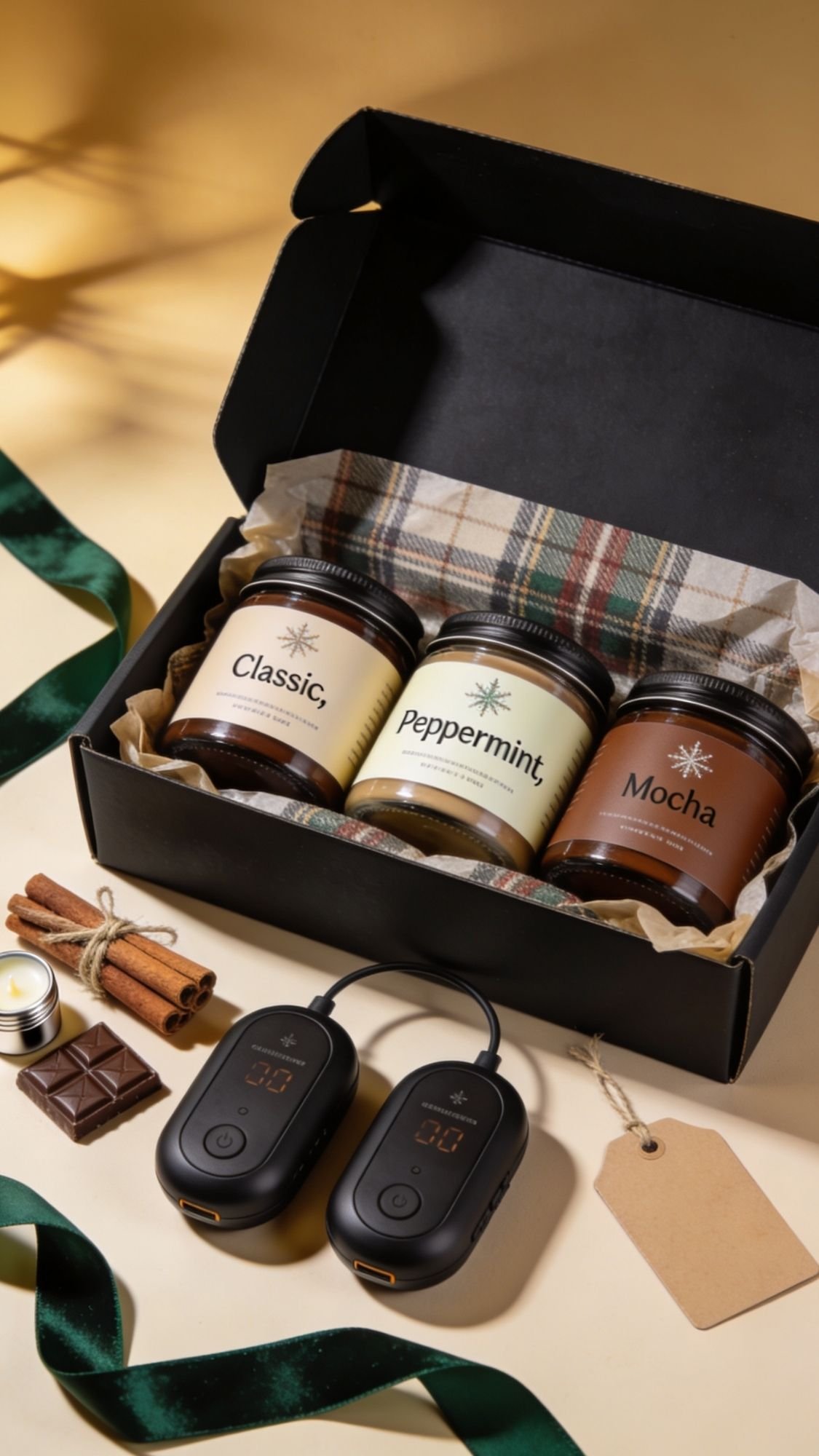 A gift box with three jars labeled Classic, Peppermint, and Mocha sits on tissue paper—perfect for cozy winter nights. Nearby are two electronic devices, chocolate squares, cinnamon sticks, a candle, and a blank gift tag.