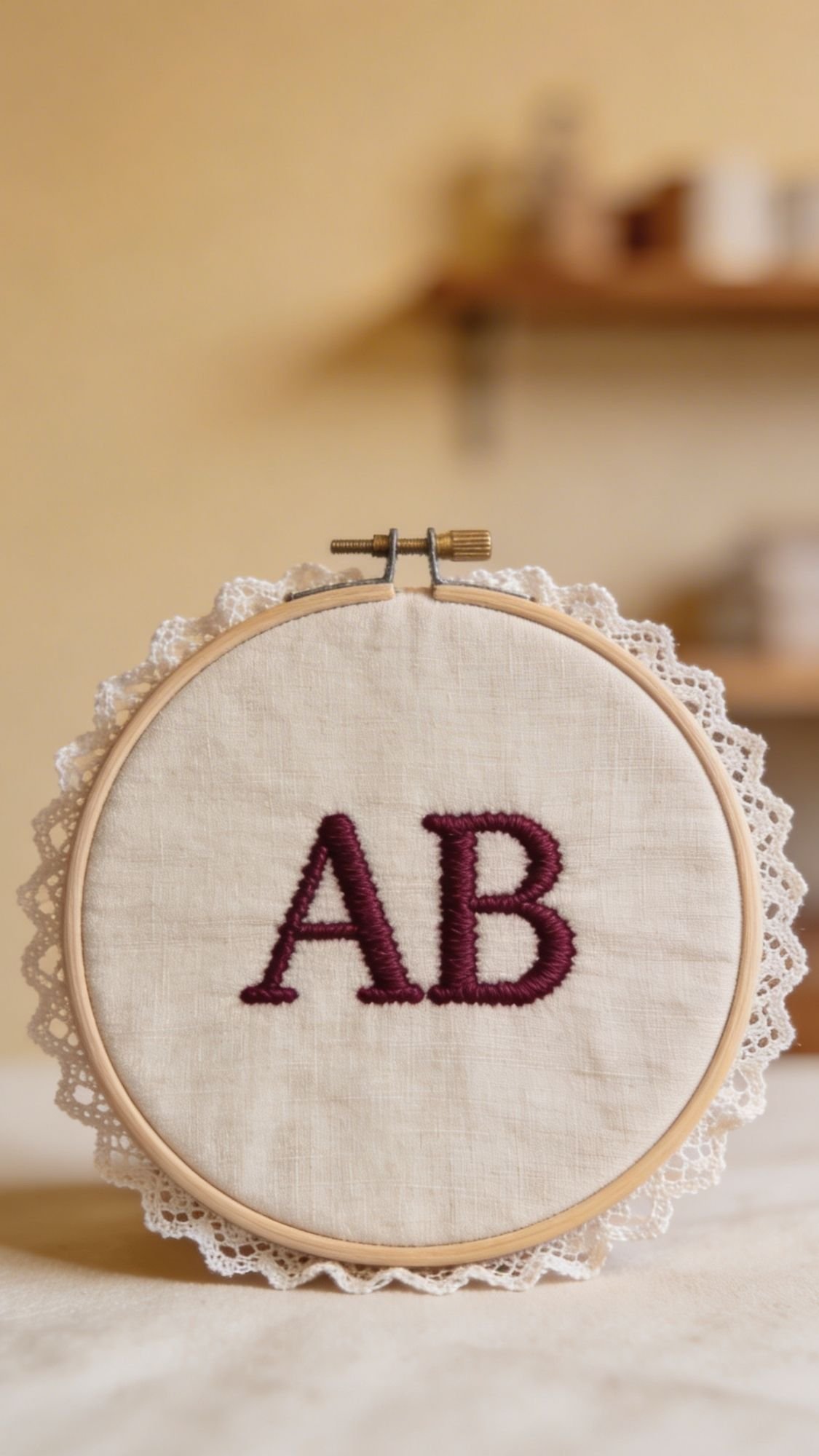 A round embroidery hoop with lace trim holds white fabric embroidered with the dark red letters “AB” in the center—an ideal pick for easy handmade gifts. The softly blurred background features shelves and objects for a cozy feel.