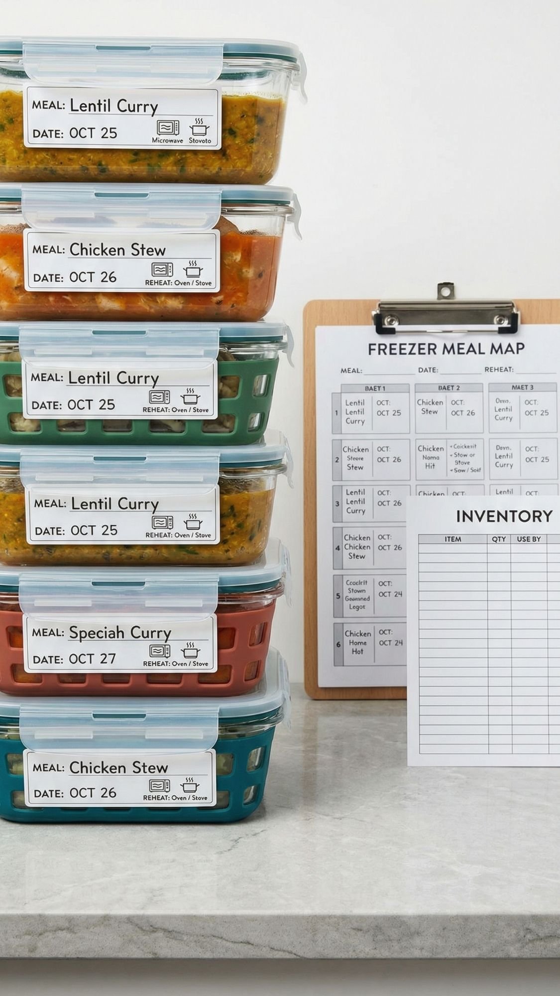 Six labeled meal prep containers are stacked on a counter next to a clipboard with a freezer meal map and inventory list—DIY gifts for new moms that include lentil curry, chicken stew, and special curry with dates noted.