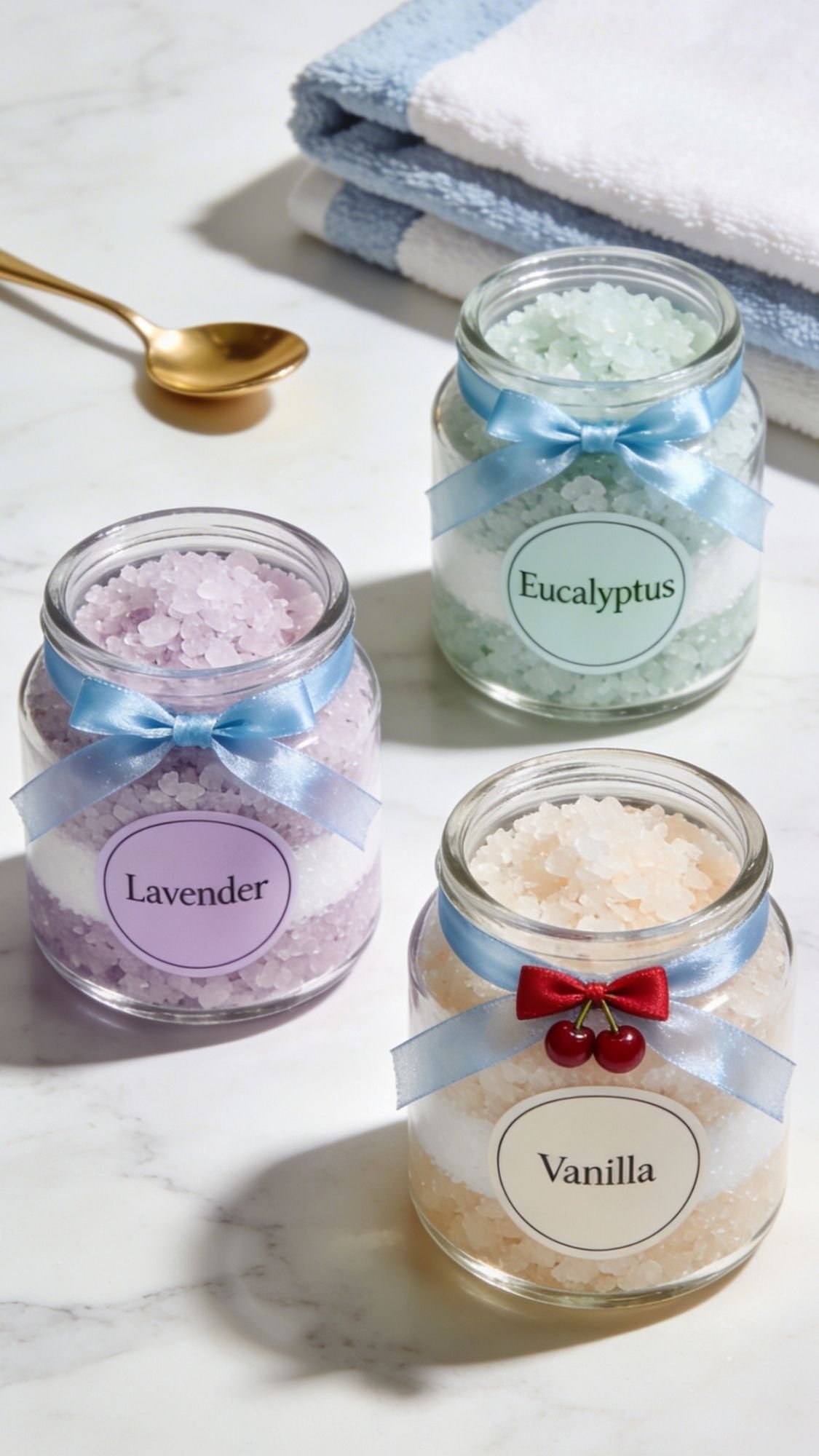 Three jars of bath salts labeled Lavender, Eucalyptus, and Vanilla, each decorated with bows, sit on a marble surface. Perfect as DIY Gifts or thoughtful Mother’s Day Gifts, with a gold spoon and neatly folded towels in the background.