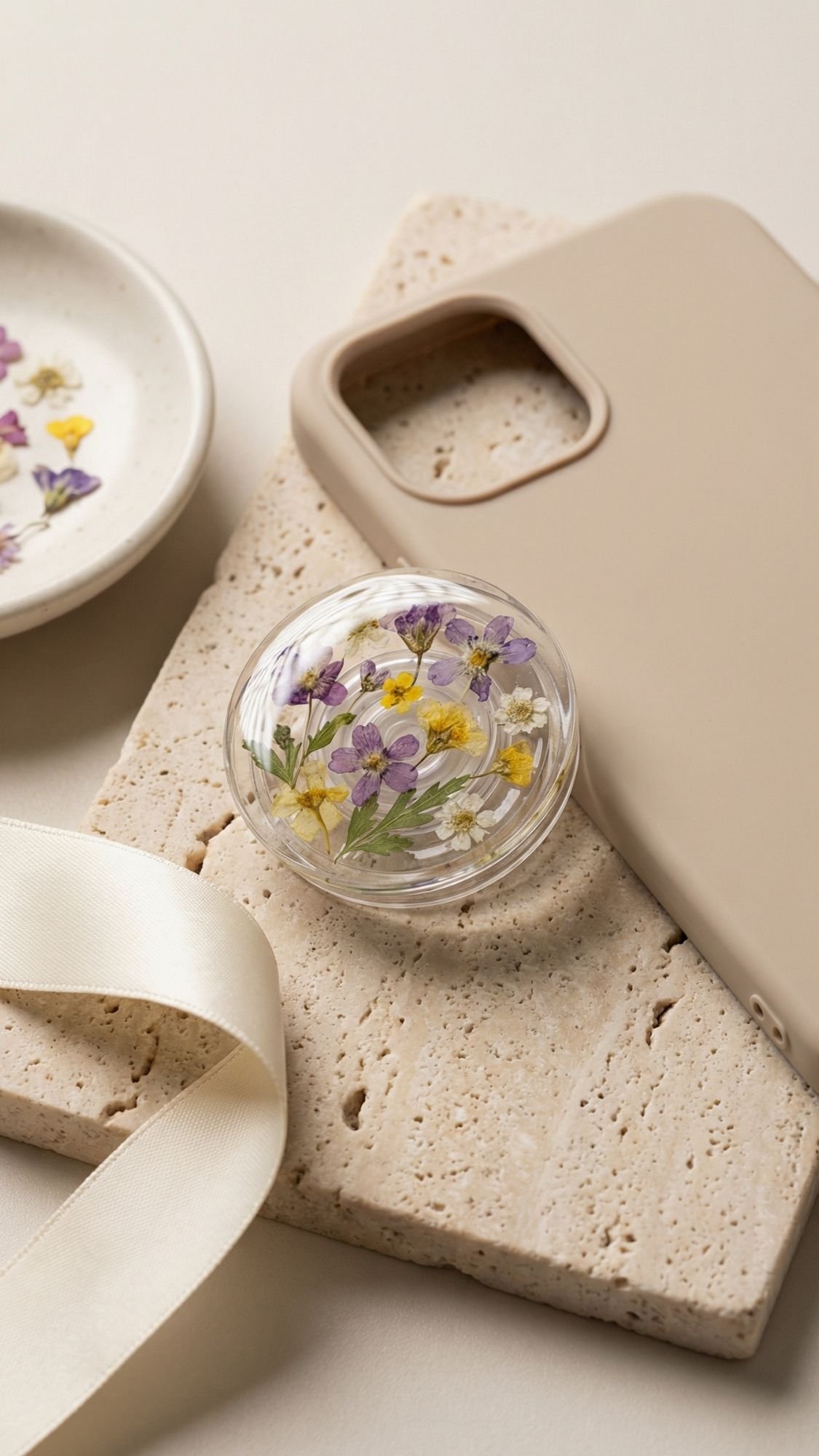 A round phone grip with preserved purple, yellow, and white flowers sits on a textured beige tile next to a matching beige phone case, a white ribbon, and a dish filled with pressed flowers.
