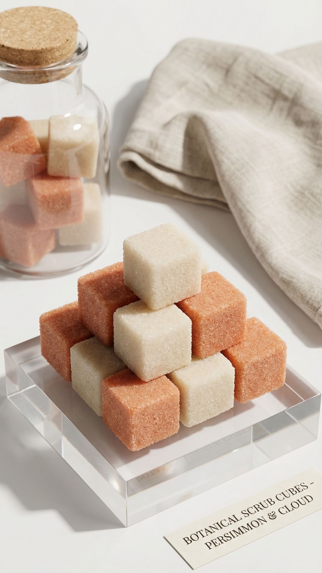 A pyramid stack of orange and white sugar-like cubes sits on a clear tray, with more cubes in a jar and a folded beige cloth behind—perfect gifts to use all year. A label reads Botanical Scrub Cubes – Persimmon & Cloud.