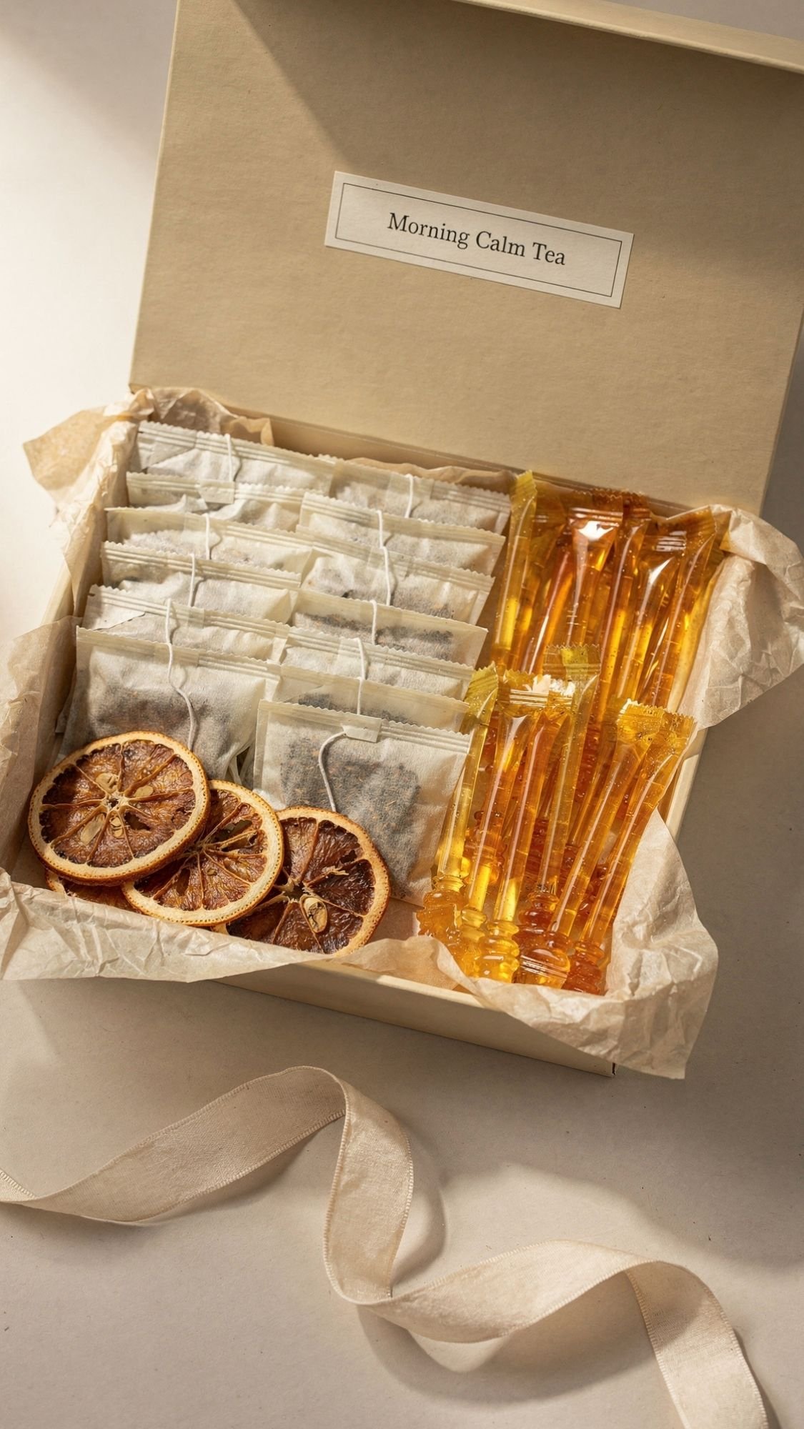 An open box labeled “Morning Calm Tea” contains tea bags, honey sticks, and dried orange slices, all arranged neatly on crinkled paper with a cream ribbon—perfect for a DIY gift or breakfast in bed for Mom.