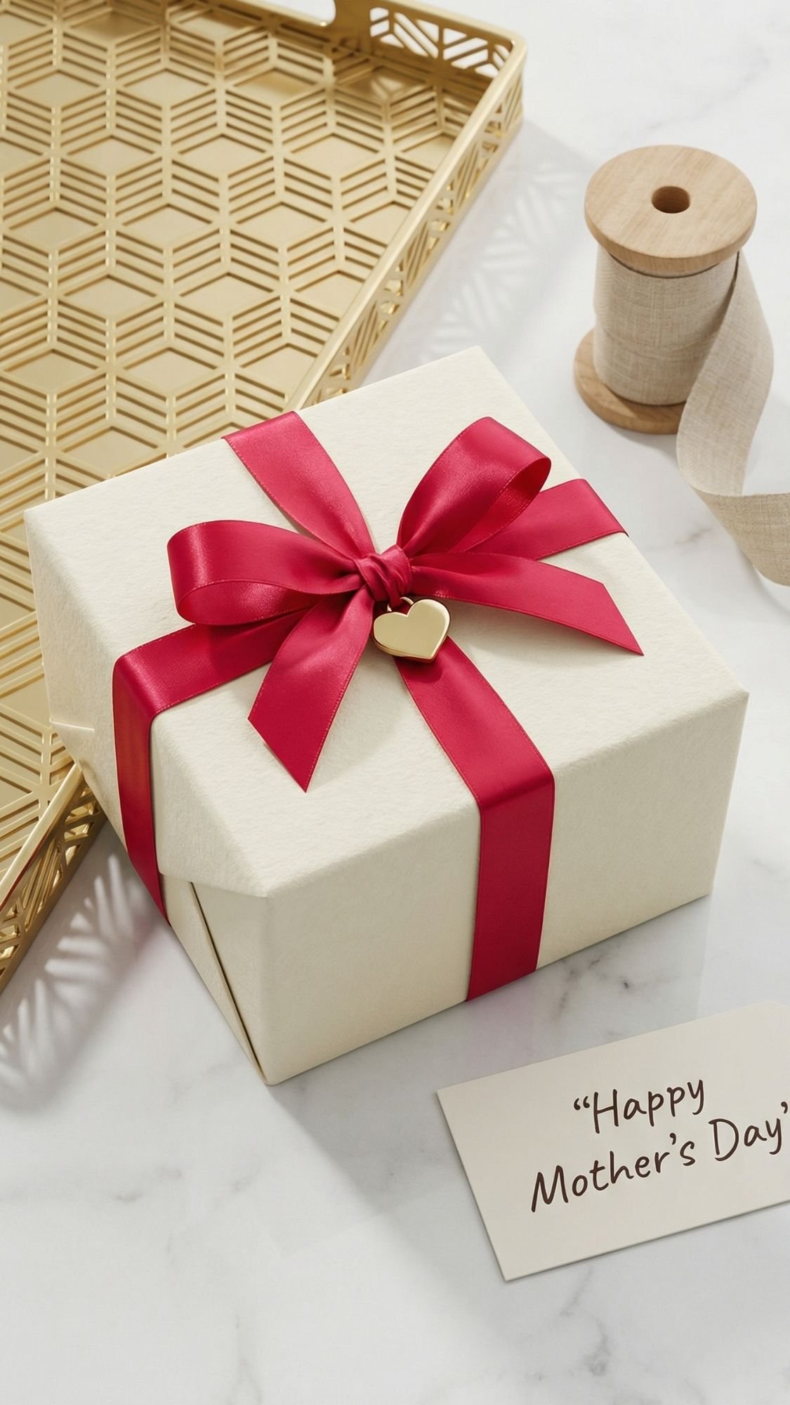A cream-colored gift box with a red ribbon and gold heart charm sits on a marble surface next to a gold tray, ribbon spool, and a card that reads “Happy Mother’s Day”—the perfect inspiration for DIY Presents and thoughtful Gifts.