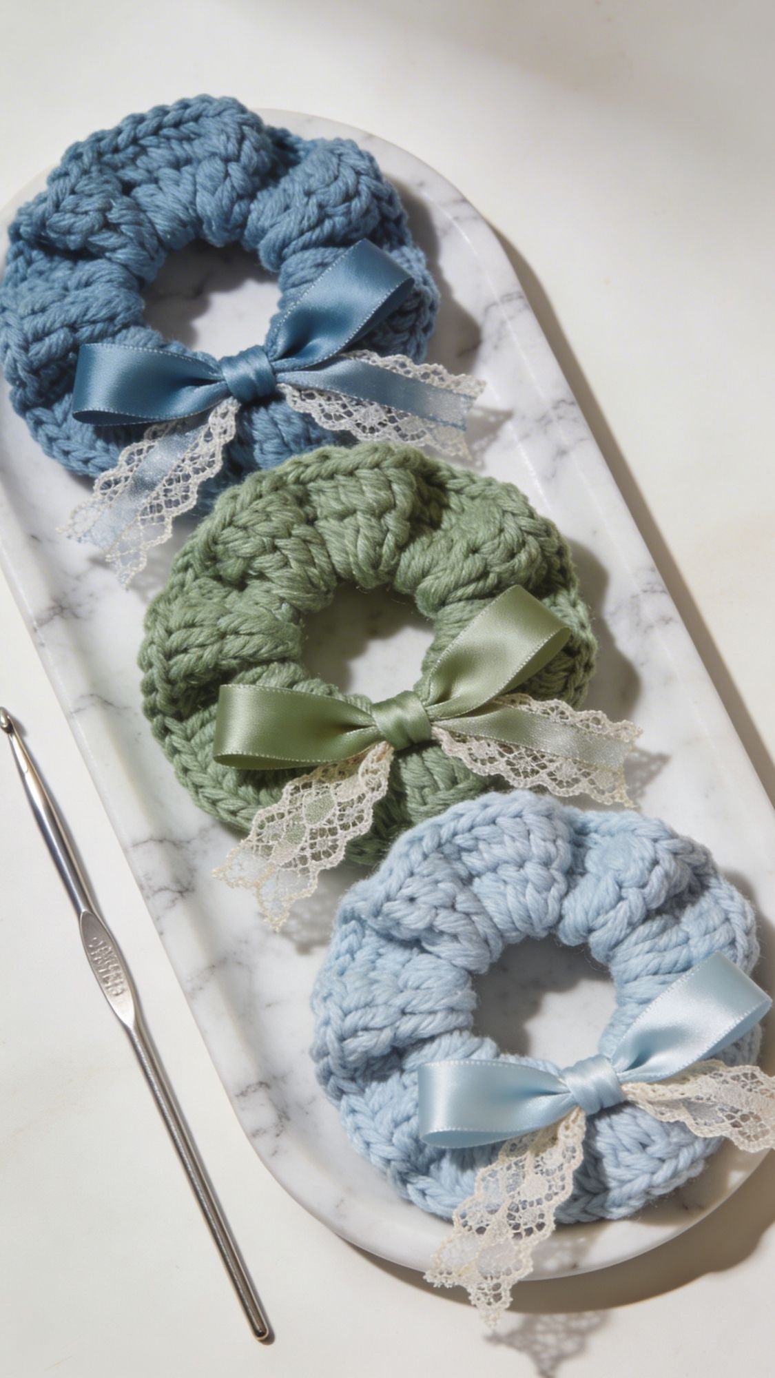 Three crocheted hair scrunchies in blue and green shades, each decorated with a satin ribbon and lace bow, are arranged on an oval marble tray next to a crochet hook—perfect as easy handmade gifts or unique birthday gifts for best friend.