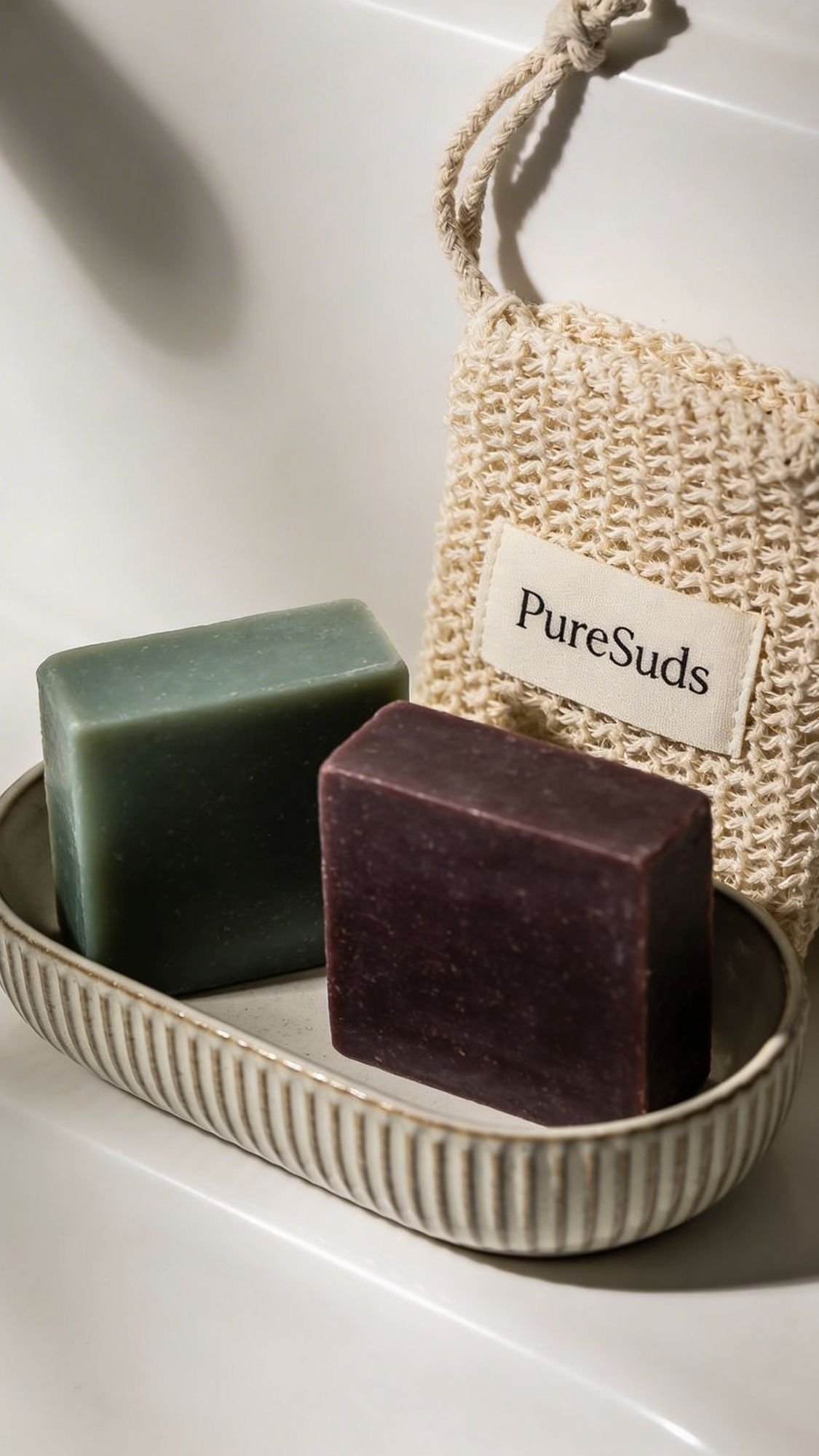 Two rectangular bars of soap, one green and one dark purple, sit in a striped soap dish. Behind them is a beige woven pouch labeled PureSuds—thoughtful handmade gift ideas for your best friend, resting on a smooth white surface.