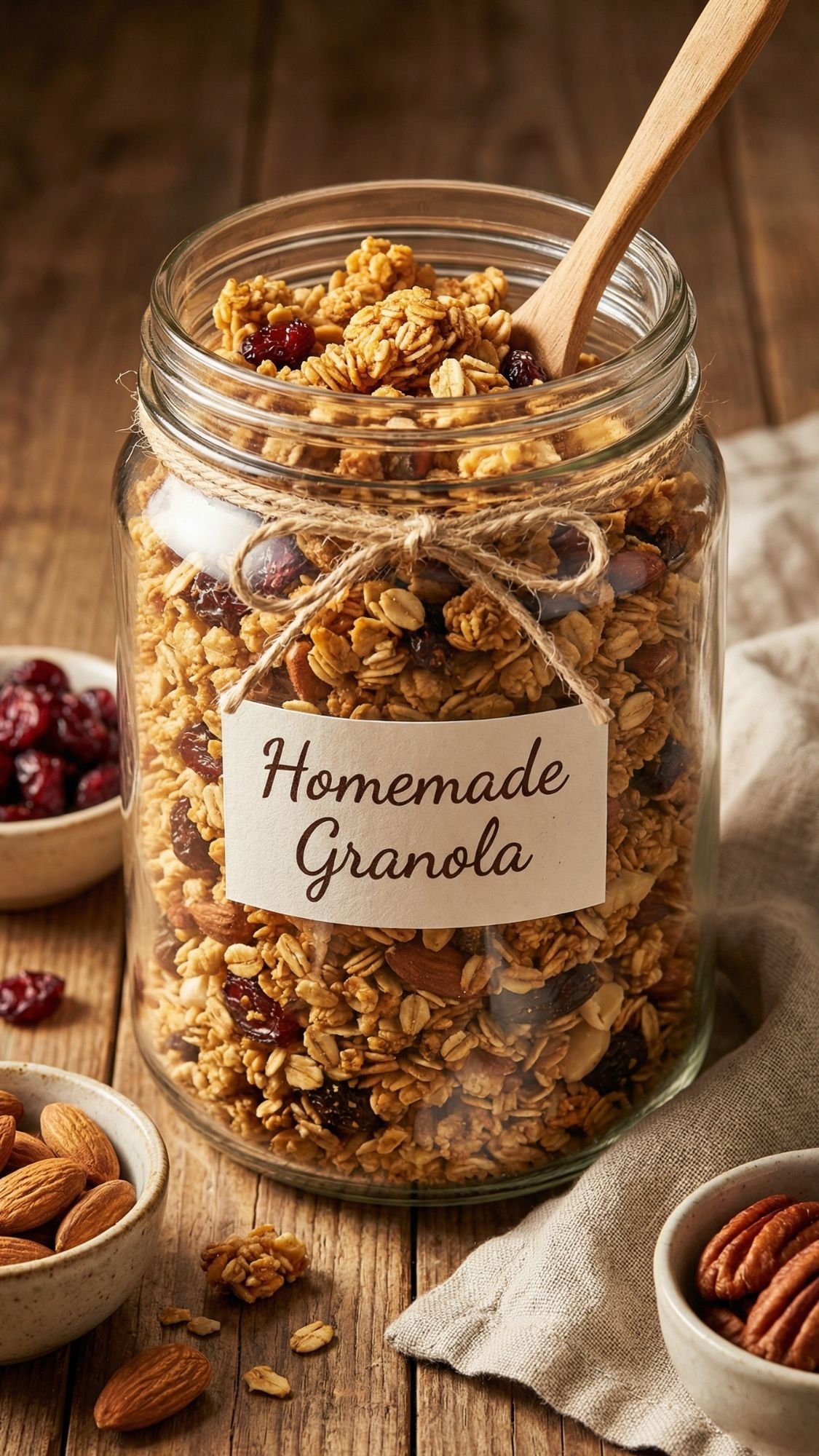 A glass jar filled with homemade granola sits on a wooden table—an ideal DIY gift or perfect for breakfast in bed. The jar, labeled “Homemade Granola,” contains oats, nuts, and dried fruit, with bowls of almonds and cranberries nearby.