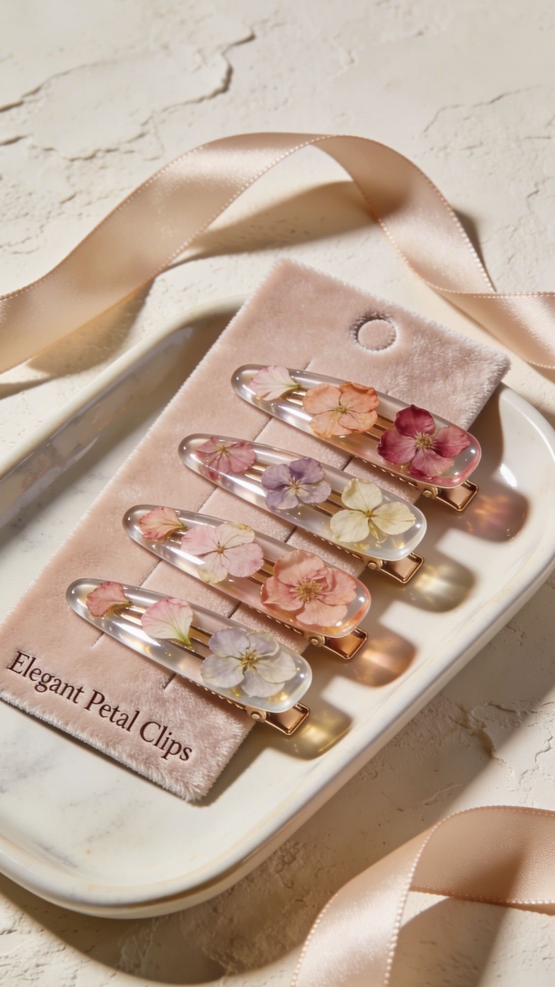 Four translucent hair clips with pressed flowers are displayed on a soft pink velvet card labeled Elegant Petal Clips, set in a white tray with a pale satin ribbon—perfect for DIY flower gifts or adding charm to any look.