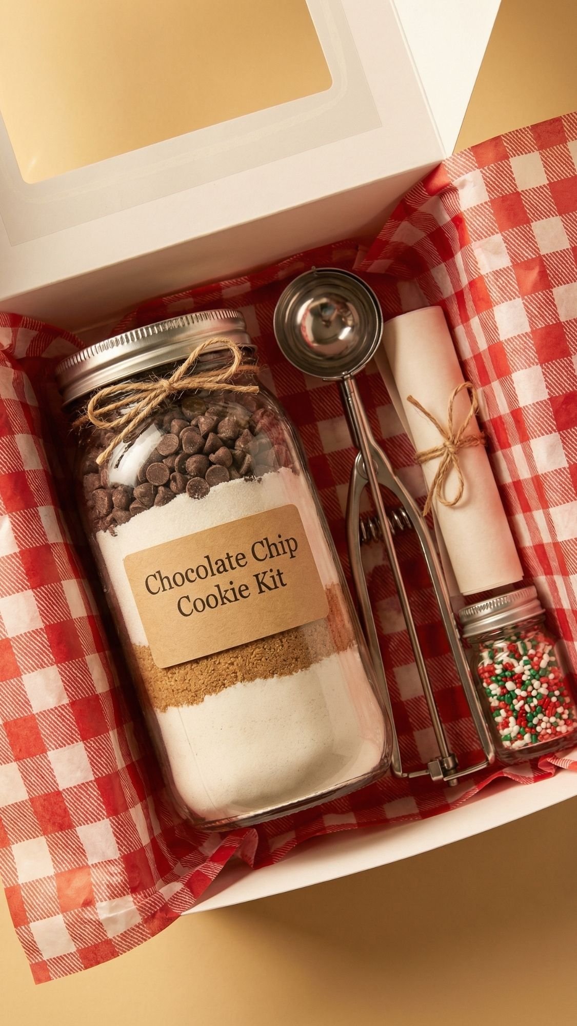 A gift box lined with red and white checkered paper holds a jar labeled Chocolate Chip Cookie Kit, a metal cookie scoop, a small jar of holiday sprinkles, and a rolled recipe—perfect for cozy nights or those seeking creative DIY gift set ideas.