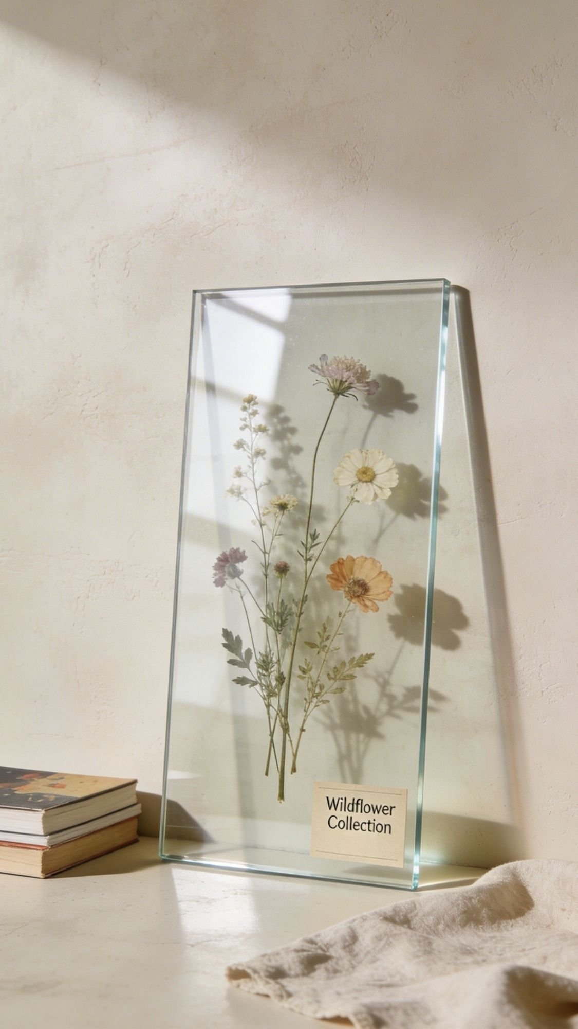 A glass frame displays pressed wildflowers labeled “Wildflower Collection,” standing upright on a light surface next to a stack of books—an elegant idea for pressed flower gifts, with soft natural light casting shadows on the wall.