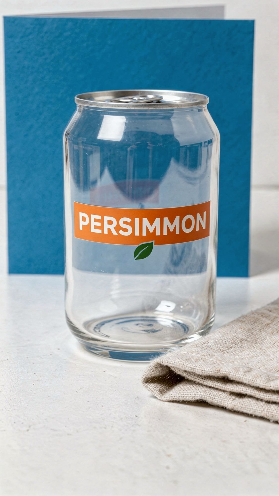 A clear glass shaped like a soda can with a metal rim, labeled “PERSIMMON” on an orange band and a small green leaf below, makes one of the best friend gifts. It sits on a white surface next to a beige cloth and in front of a blue square backdrop.