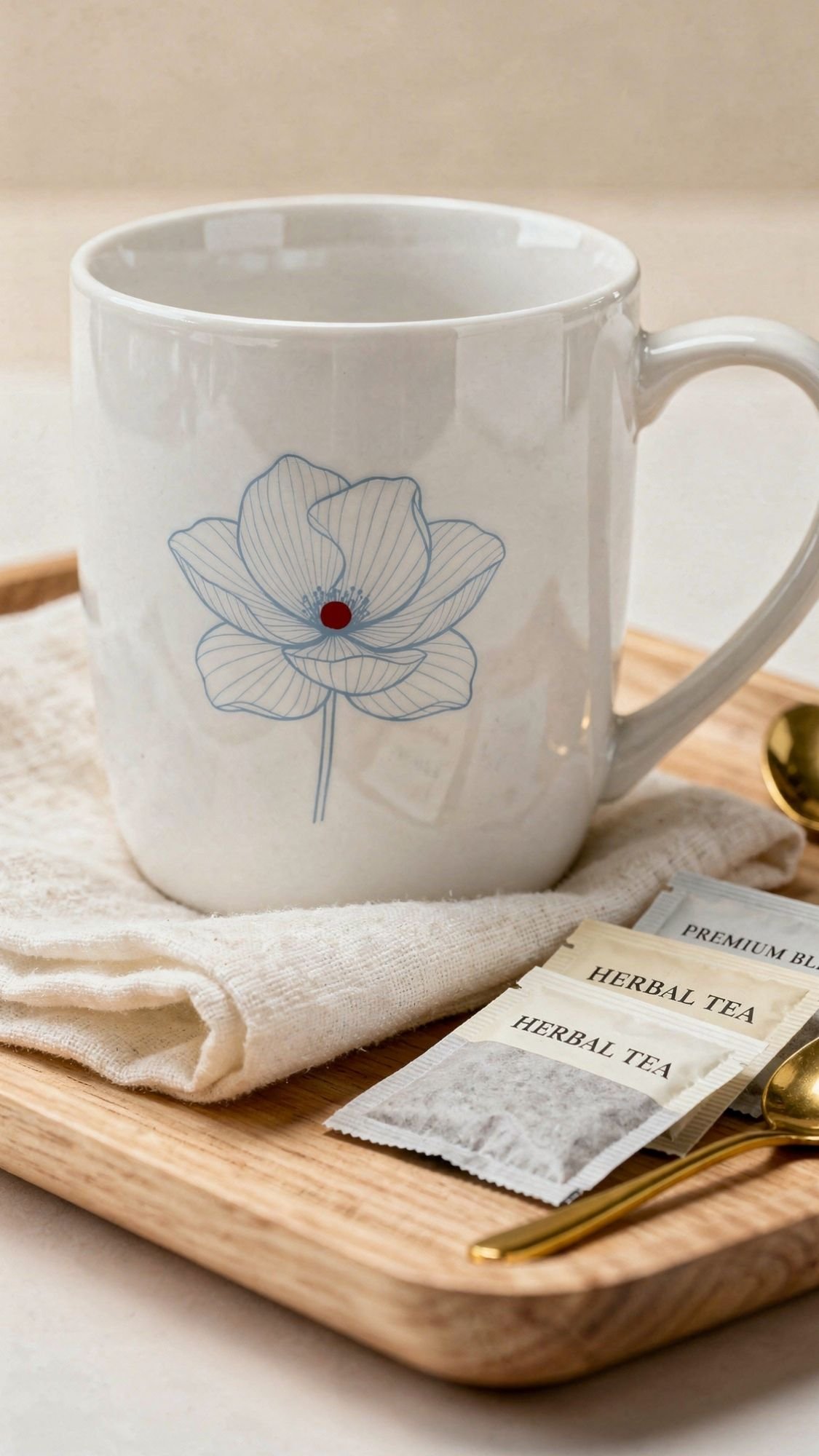 A white ceramic mug with a blue and red floral design sits on a wooden tray with a folded cream napkin, two gold spoons, and tea bags—perfect for DIY presents for Mother’s Day or thoughtful Mother’s Day gifts.