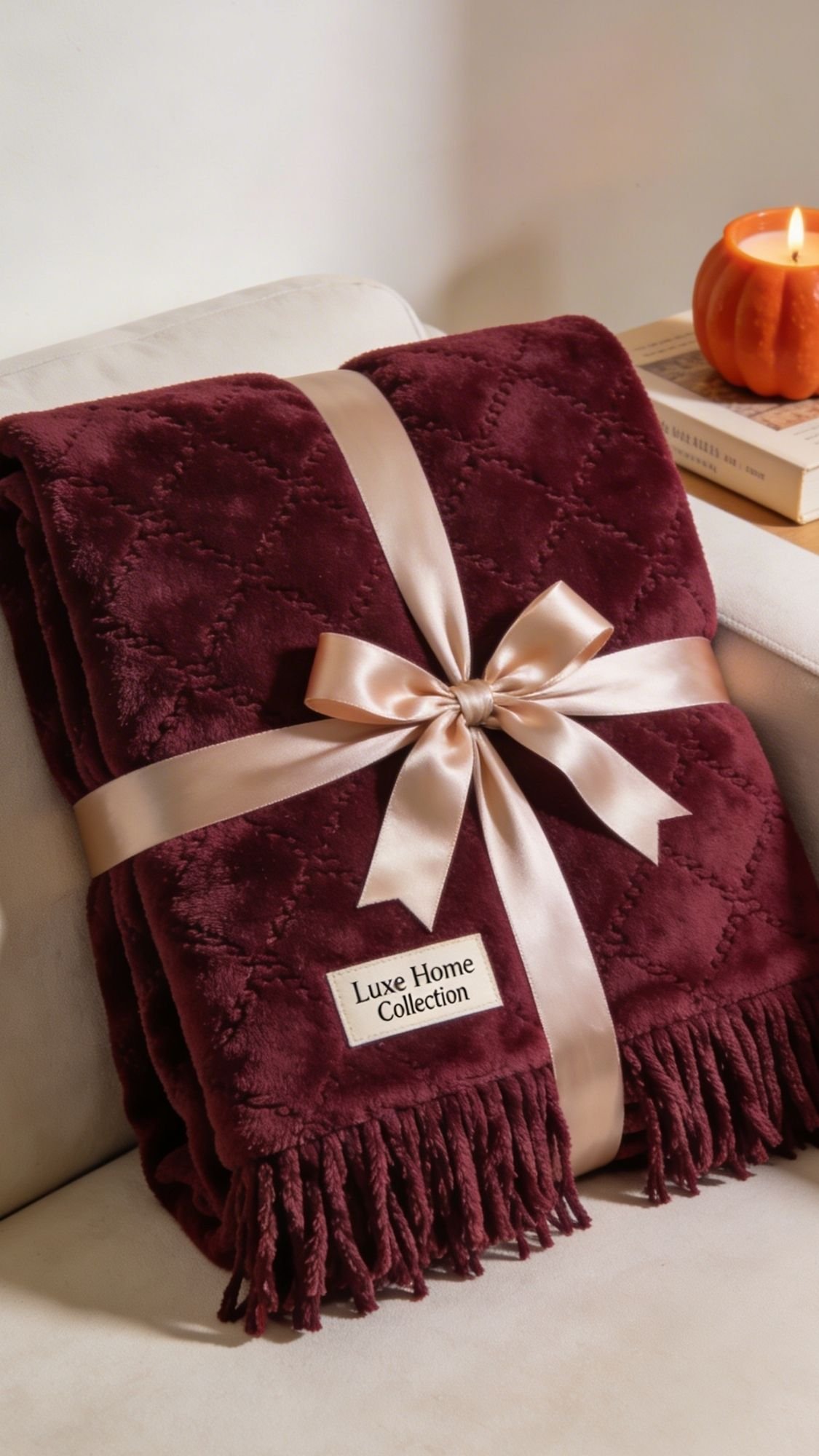 A plush maroon throw blanket with fringe is folded neatly on a beige sofa, tied with a satin champagne-colored ribbon—perfect for easy birthday gifts. A Luxe Home Collection label is visible, with a lit pumpkin-shaped candle nearby.