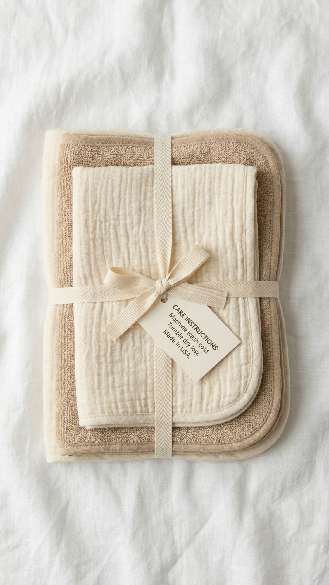 A neatly folded set of beige and cream textured cloths tied with a ribbon, placed on a white fabric background. A small tag with care instructions is attached—perfect gentle gifts or useful gifts for new moms.