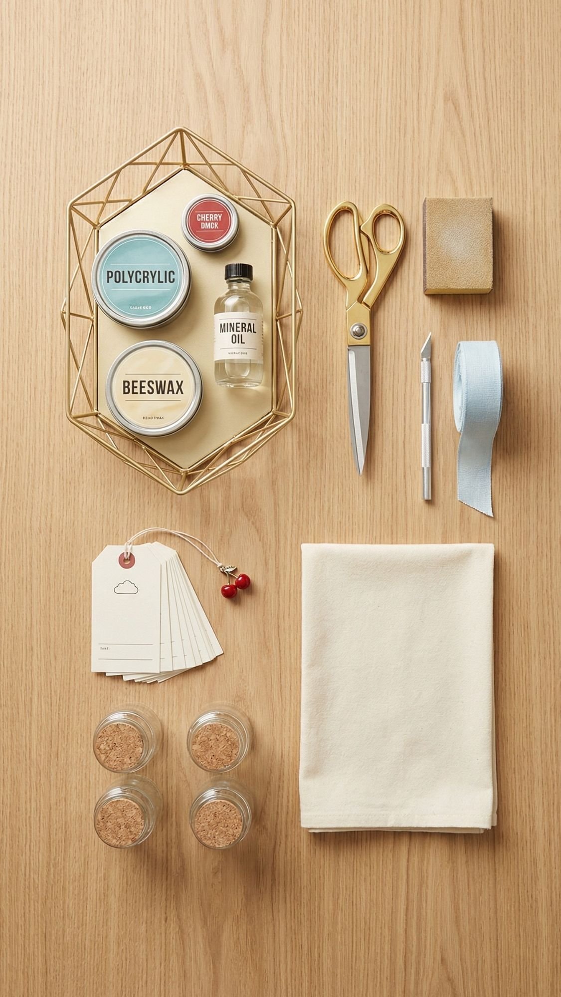 A flat lay of craft supplies on a wooden surface, perfect for creating DIY gifts, including polycrylic, beeswax, mineral oil, a candle, scissors, a utility knife, ribbon, blank tags, small jars, and a folded cloth.