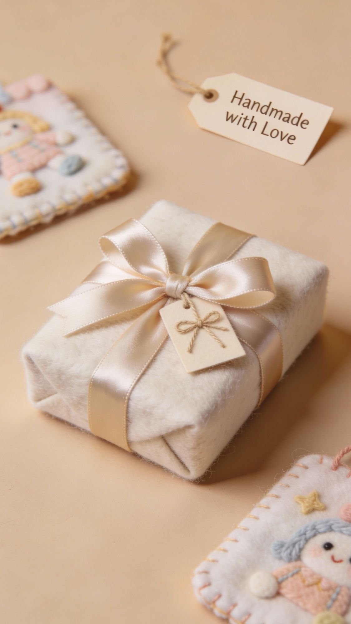 A small, white gift box tied with a cream satin ribbon and a tag featuring a hand-drawn bow sits on a beige surface. Felt ornaments and a label reading Handmade with Love add charm—perfect inspiration for homemade gifts or kids crafts.