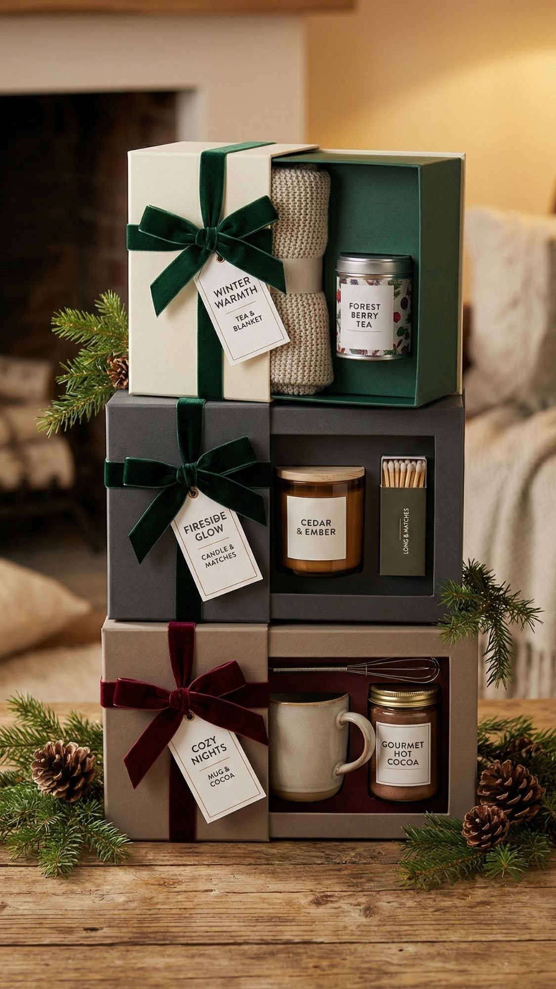 Three stacked gift boxes, each with a festive ribbon and tag, filled with cozy winter gifts like candles, mugs, cocoa mixes, matches, socks, and pine branches, arranged on a wooden table with pine cones in a warm living room.