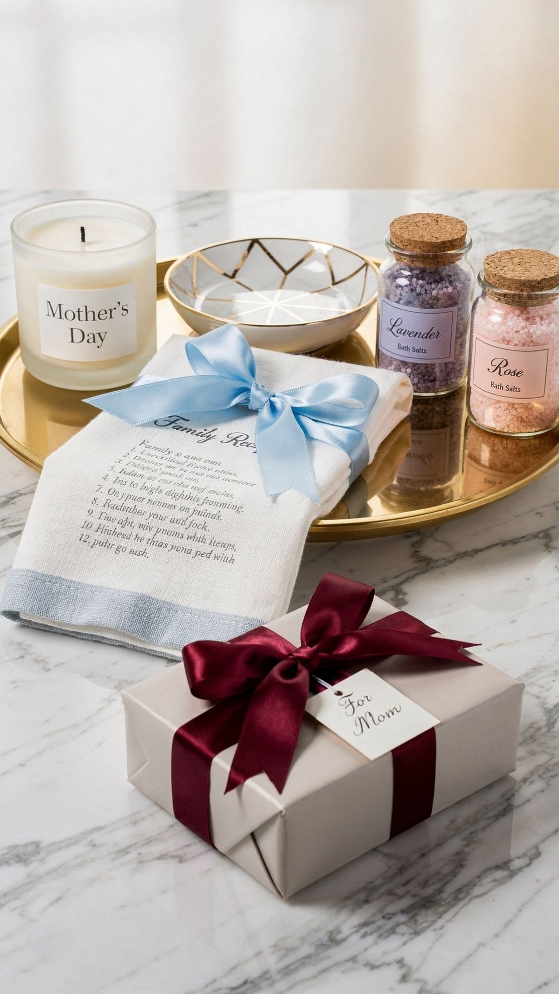 A marble table displays thoughtful Mother’s Day gift ideas: a gold tray with a “Mother’s Day” candle, jars of bath salts, towels tied with blue and white bows, and a gift box labeled “For Mom”—perfect DIY presents for celebrating her special day.