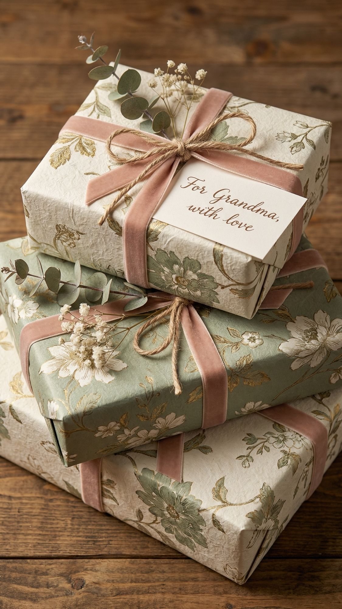 Three beautifully wrapped DIY gifts for grandma with floral paper and pink ribbons are stacked on a wooden surface. A card on top reads For Grandma, with love, and the packages are decorated with dried flowers and greenery.