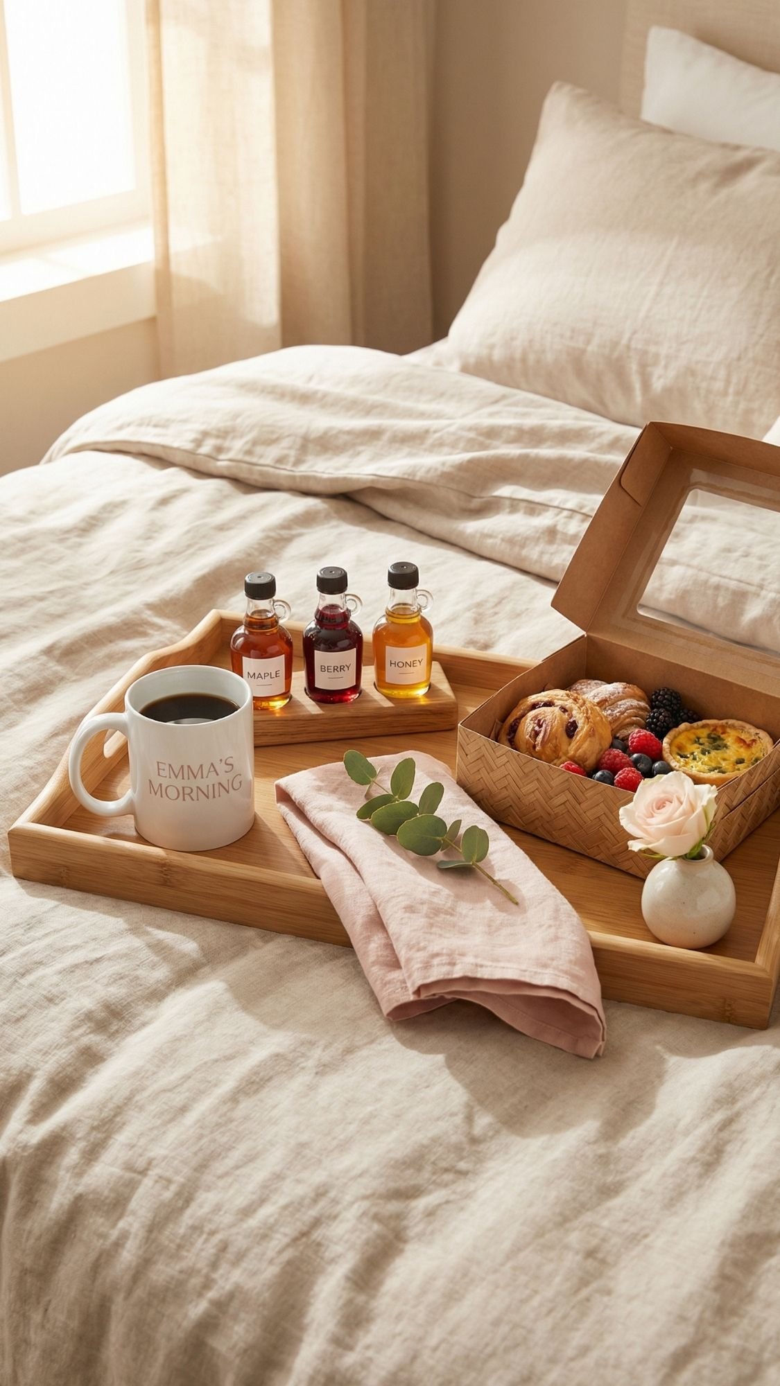 A wooden tray with a mug labeled Emmas Morning, DIY gifts of three small syrups, a pink napkin, greenery, and a box with pastries and mini quiche creates the perfect breakfast in bed for mom, bathed in soft natural light.