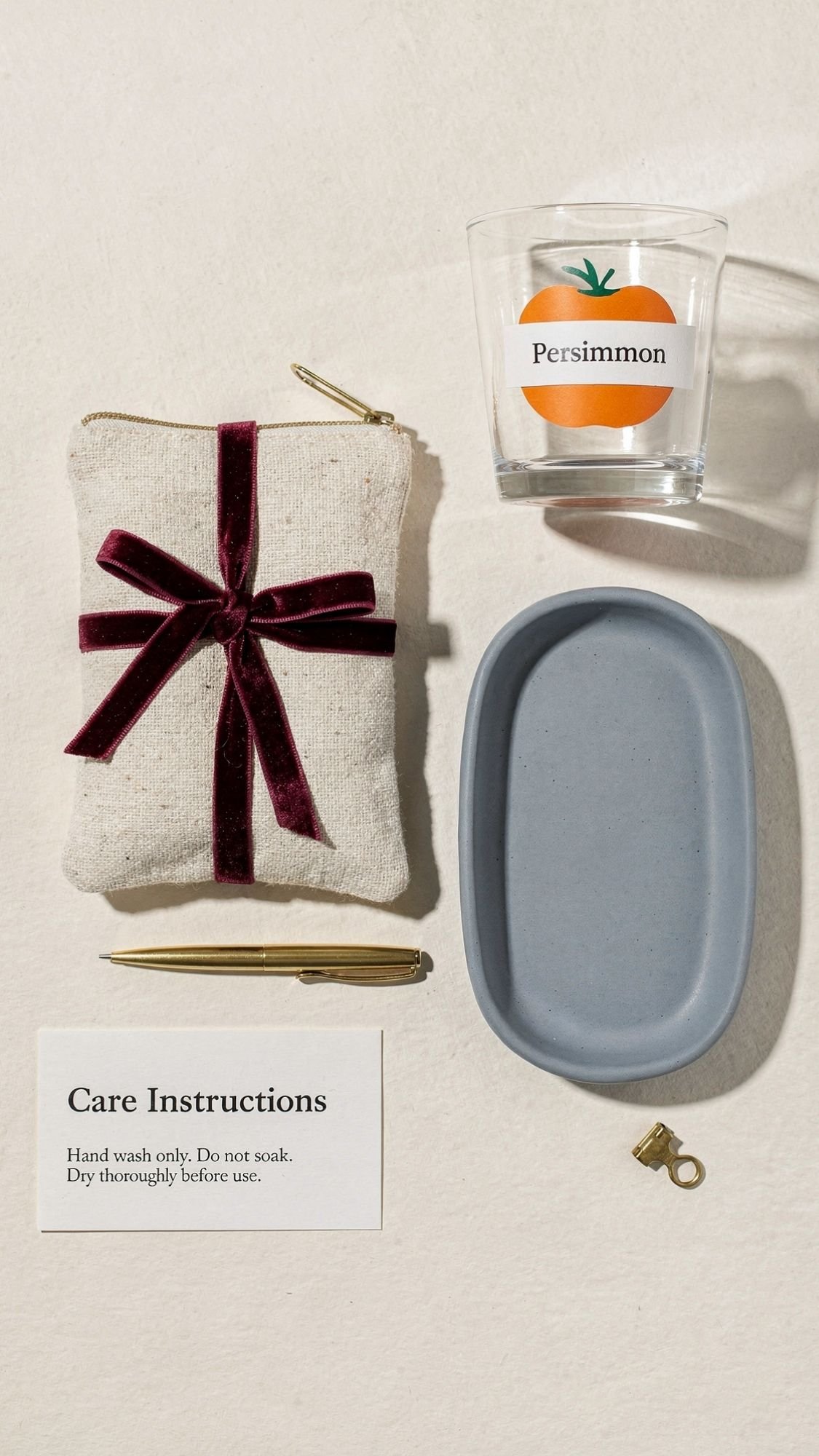 A flat lay displays a fabric pouch tied with a burgundy ribbon, a glass labeled Persimmon with an orange illustration, a gray oval tray, and more—thoughtful touches perfect for handmade gifts or creative handmade gift ideas.