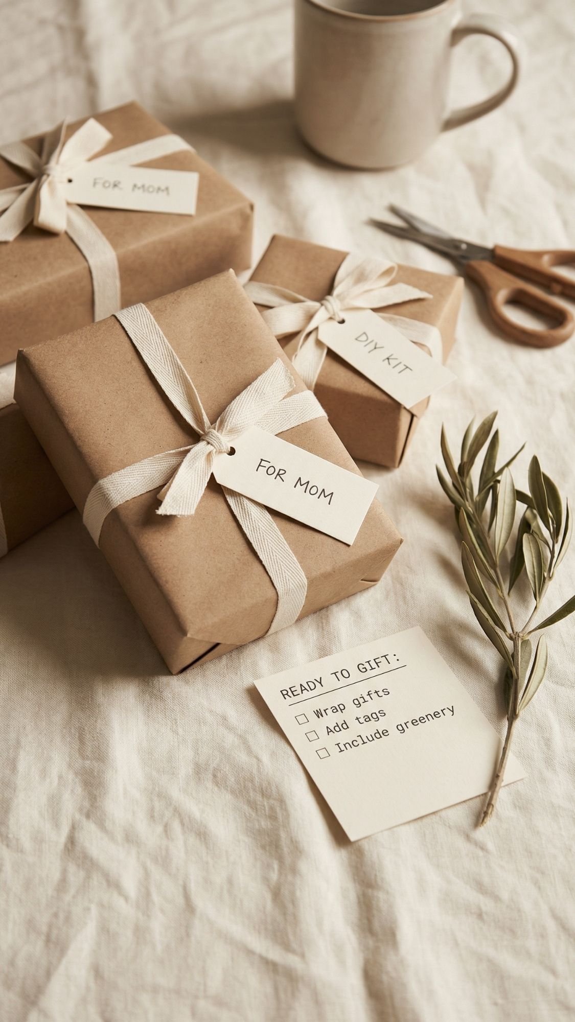 A cozy scene with neatly wrapped gentle gifts in brown paper and white ribbon, labeled For Mom and DIY Kit, a mug, scissors, a sprig of greenery, and a checklist card on a cream-colored fabric background.