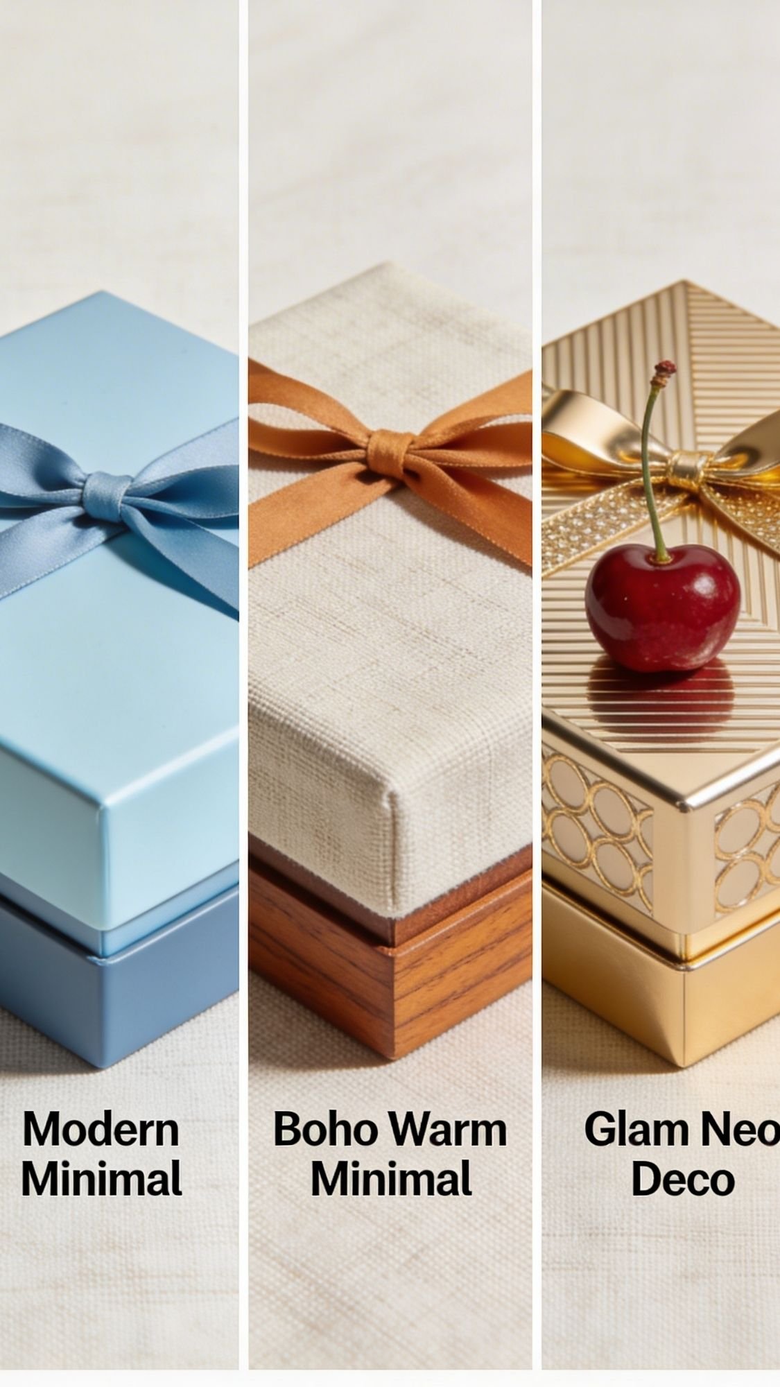 Three gift boxes: a blue box with a blue ribbon labeled Modern Minimal, a beige fabric box with a brown ribbon labeled Boho Warm Minimal, and a gold box topped with a cherry—perfect DIY presents or thoughtful Mother's Day gifts.
