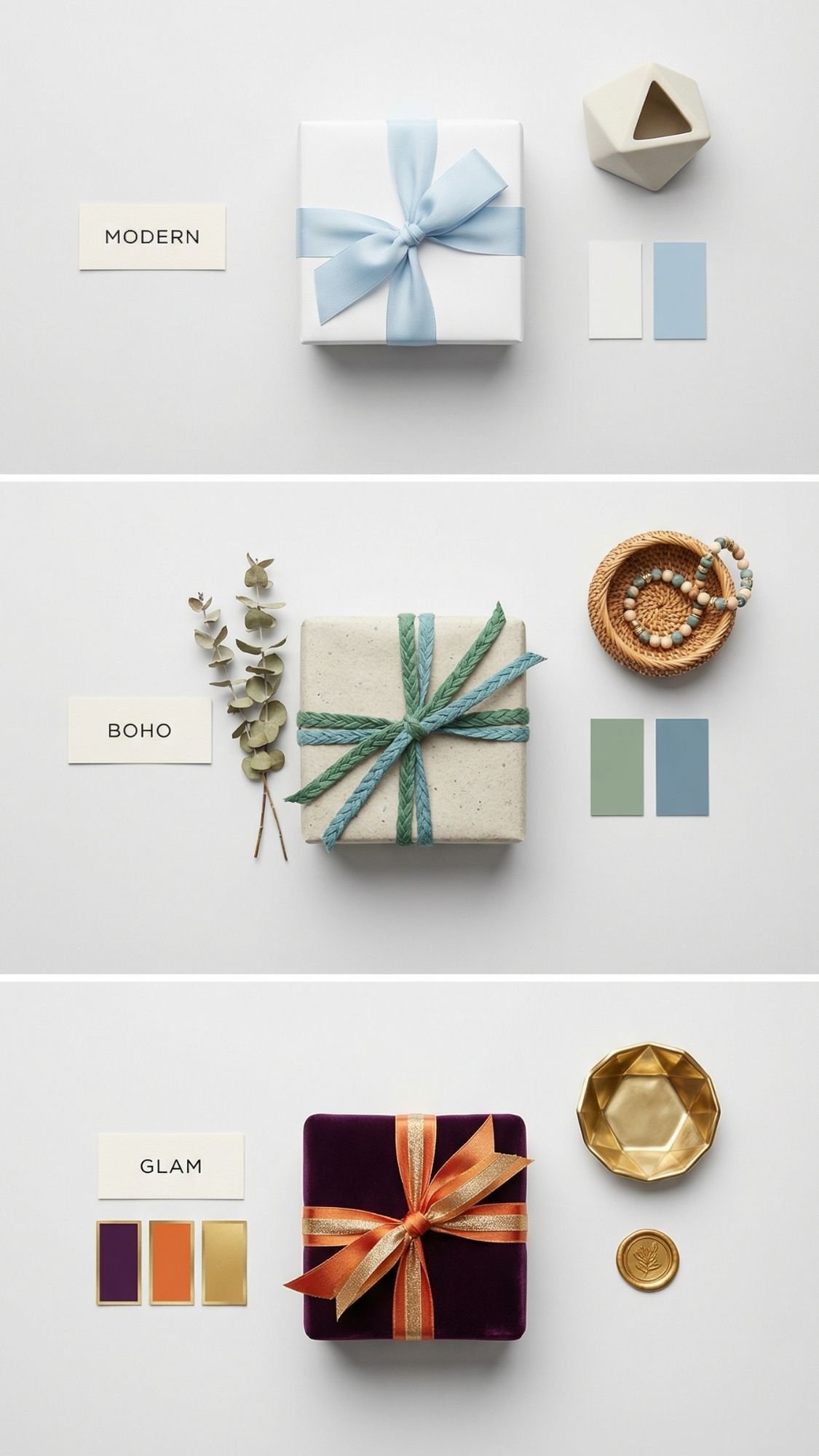 Three gift-wrapped boxes in different styles—perfect as easy birthday gifts or handmade birthday gifts. Each set features a modern blue bow, boho greenery with teal ribbon, and glam purple and gold, plus small matching decor and color swatches.