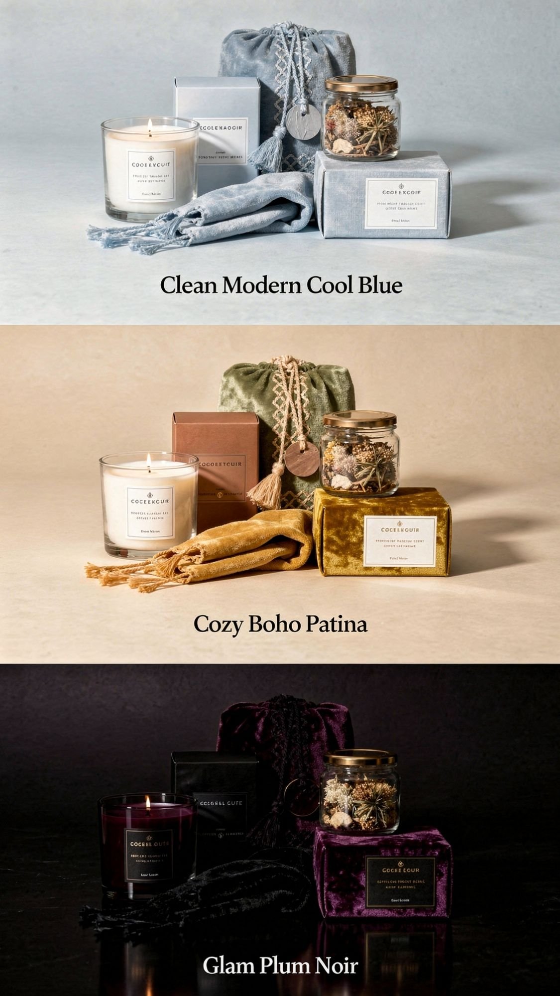 Three candle and gift sets—cool blue with silver, boho patina with earthy tones, and glam plum noir—make perfect handmade gifts, each elegantly displayed with pouches, candles, and small gift boxes for thoughtful gifting.