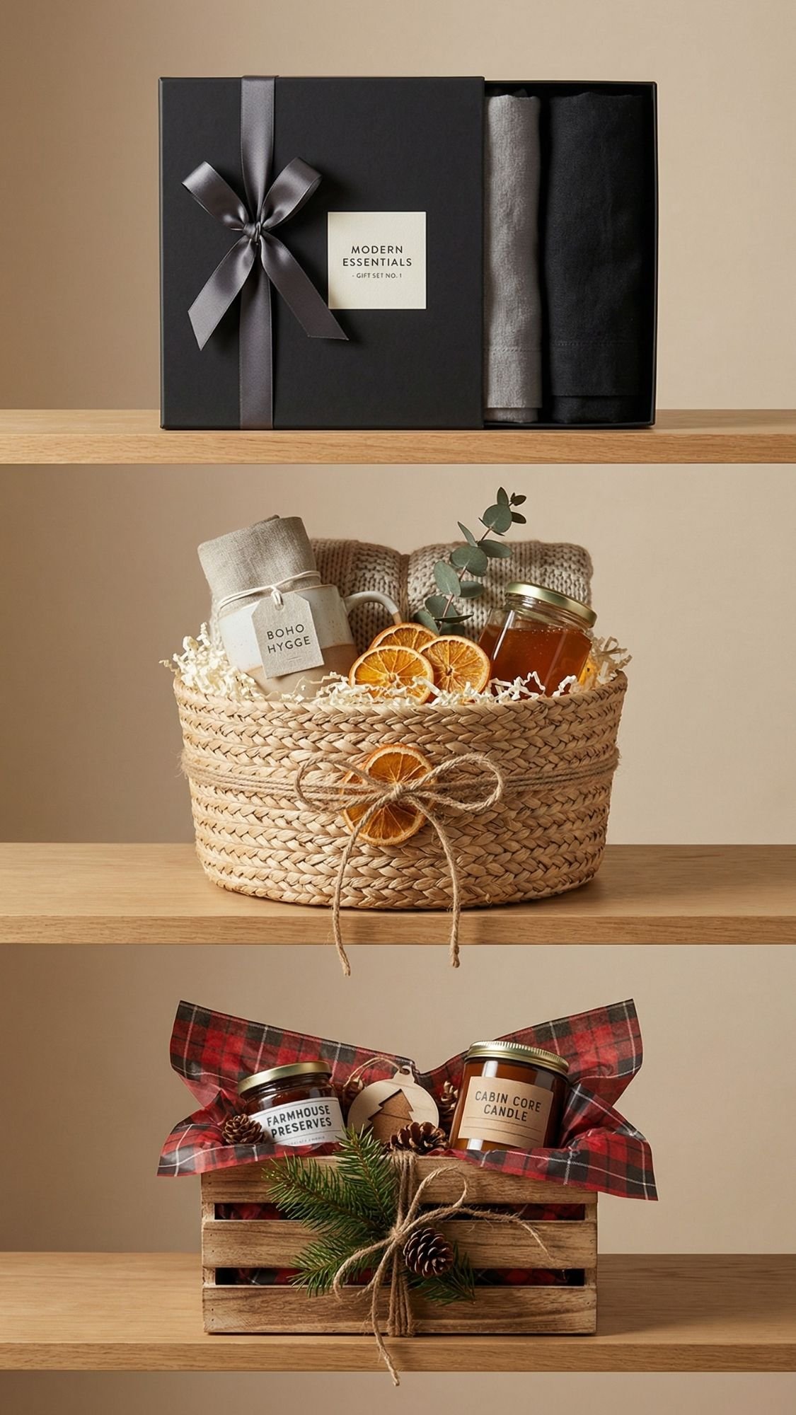 Three gift sets displayed on wooden shelves: perfect DIY gift set ideas for winter gifts, featuring a boxed set with black and gray towels, a woven basket with honey and dried orange slices, and a crate with candles—ideal for cozy winter nights.