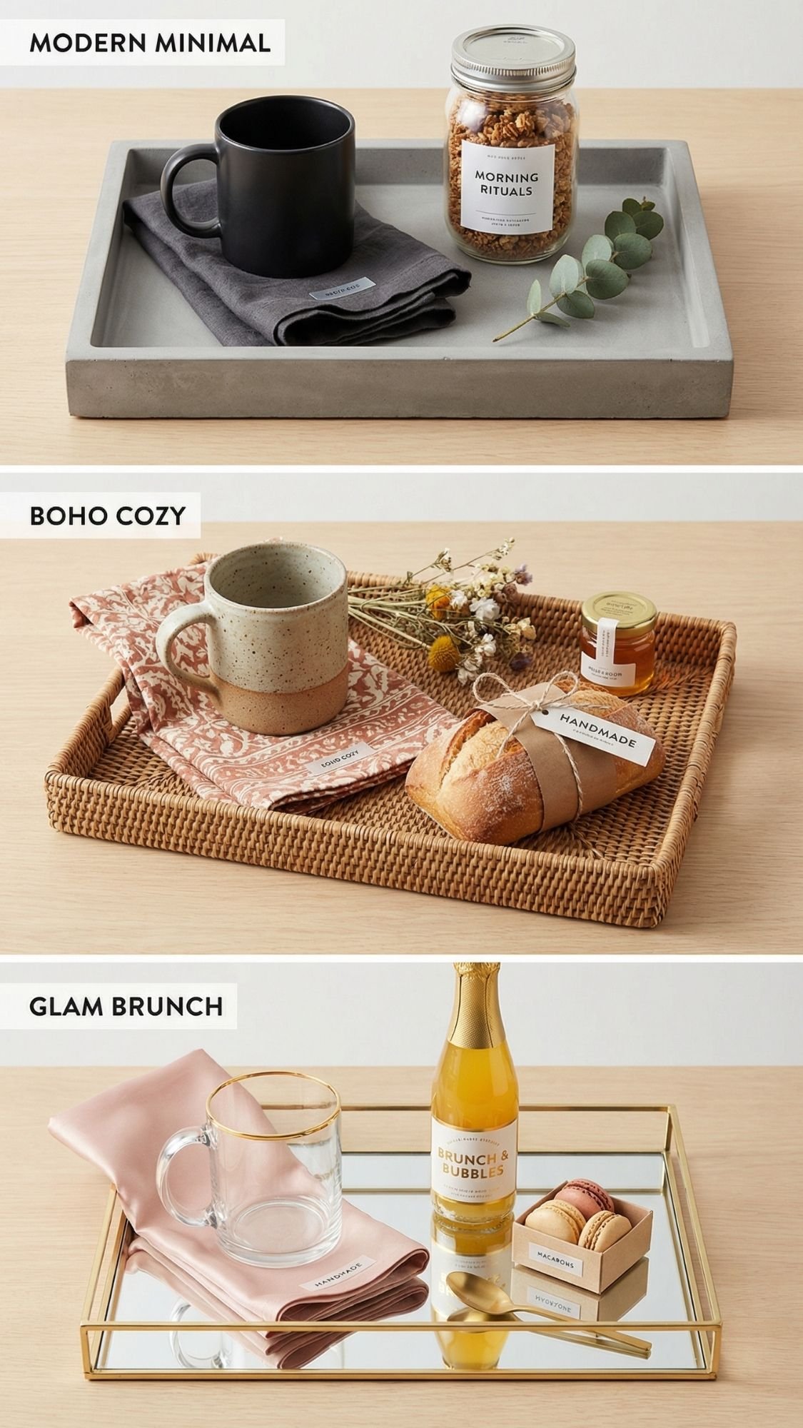 Three breakfast tray styles perfect for Breakfast In Bed: a gray tray with a black mug, cloth, and jar; a wicker tray with napkin, ceramic mug, bread, flowers, and jam; and a gold tray with drink and macarons—ideal DIY Gifts for Mom.