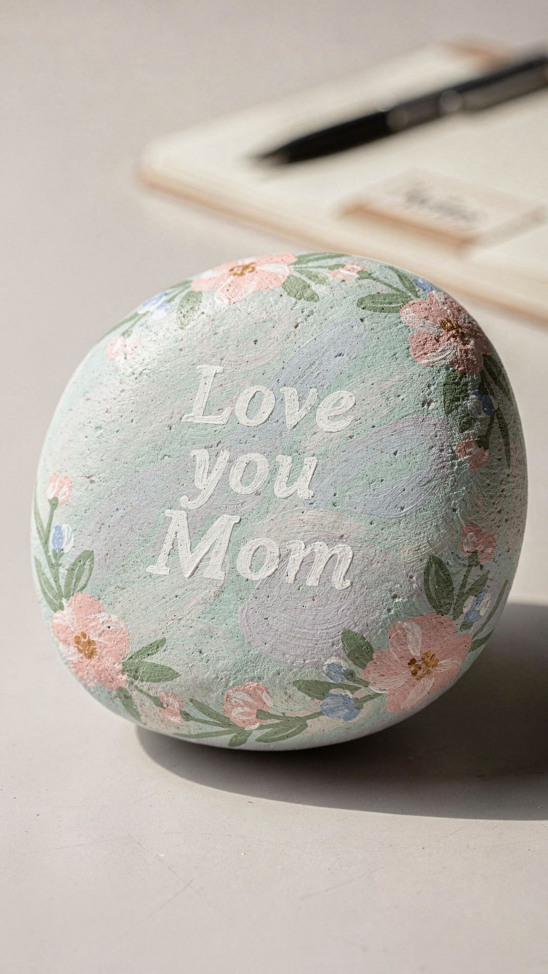 A round stone painted with pastel colors, floral designs, and the words Love you Mom in white lettering—perfect as DIY presents or gifts for mom—rests on a light surface with a blurred notebook and pen in the background.