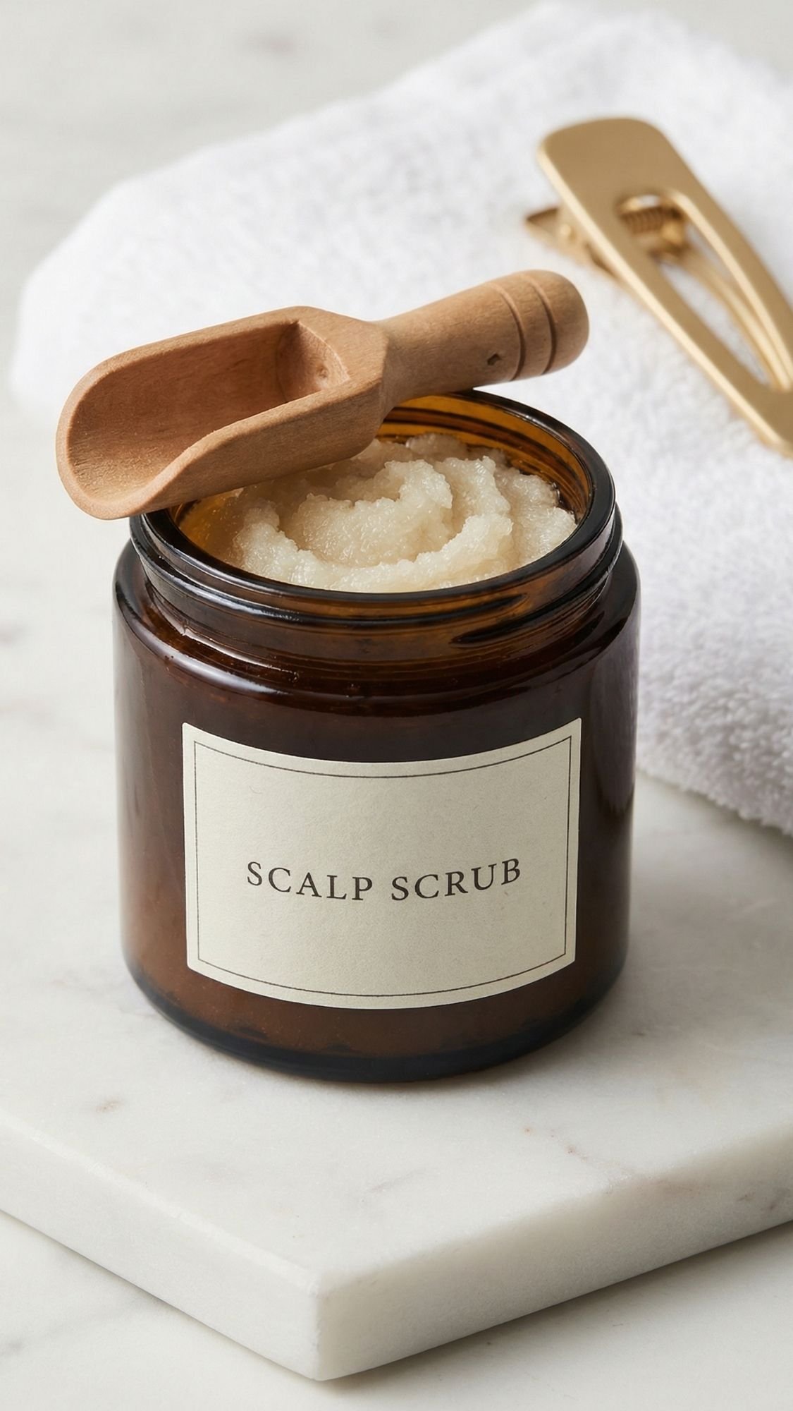 A brown glass jar labeled Scalp Scrub sits on a marble surface with a wooden scoop resting on top—perfect for an at home spa or DIY spa day. A white towel and a gold hair clip are in the background, making it an ideal present for mom.
