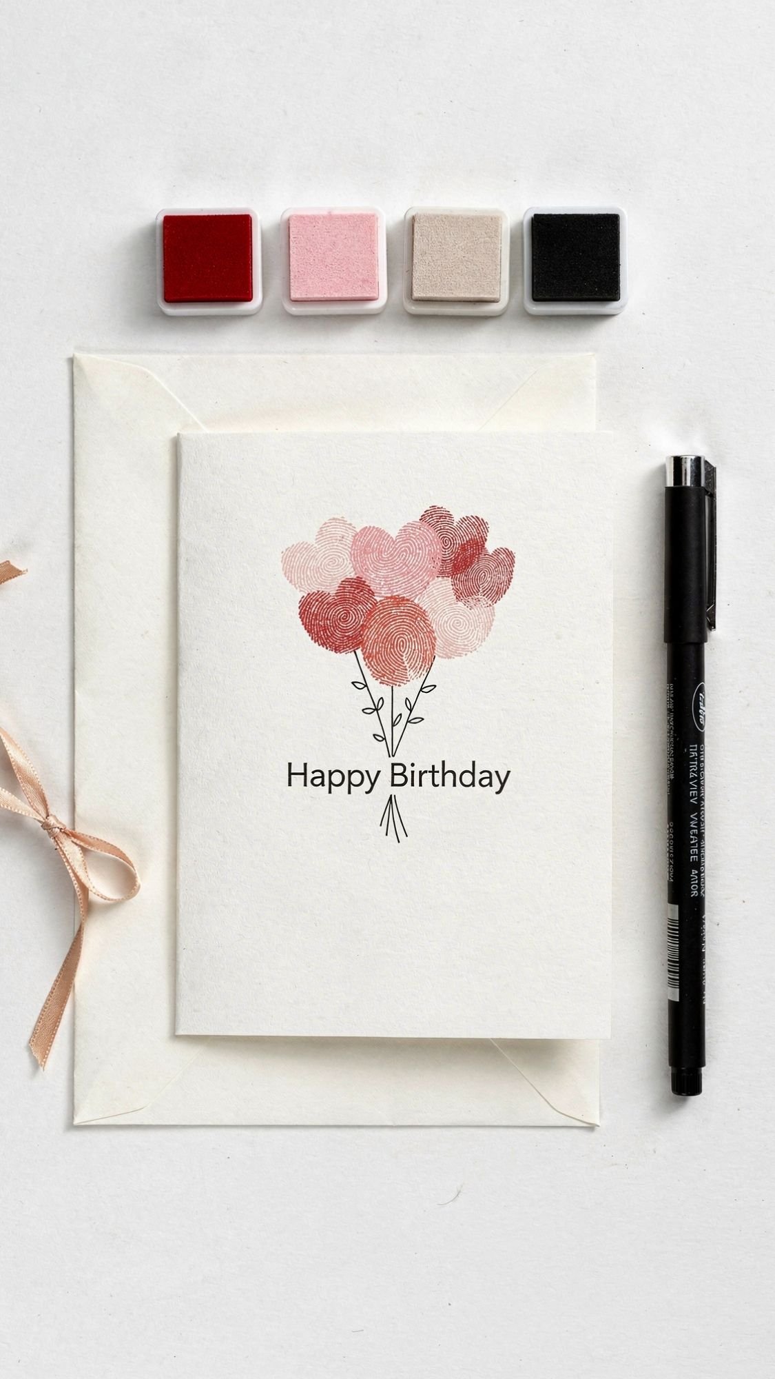 A Happy Birthday card with a bouquet of heart-shaped balloons, perfect for DIY presents for mom, placed on an envelope. Nearby are a black pen, pale pink ribbon, and four ink pads in red, pink, beige, and black.