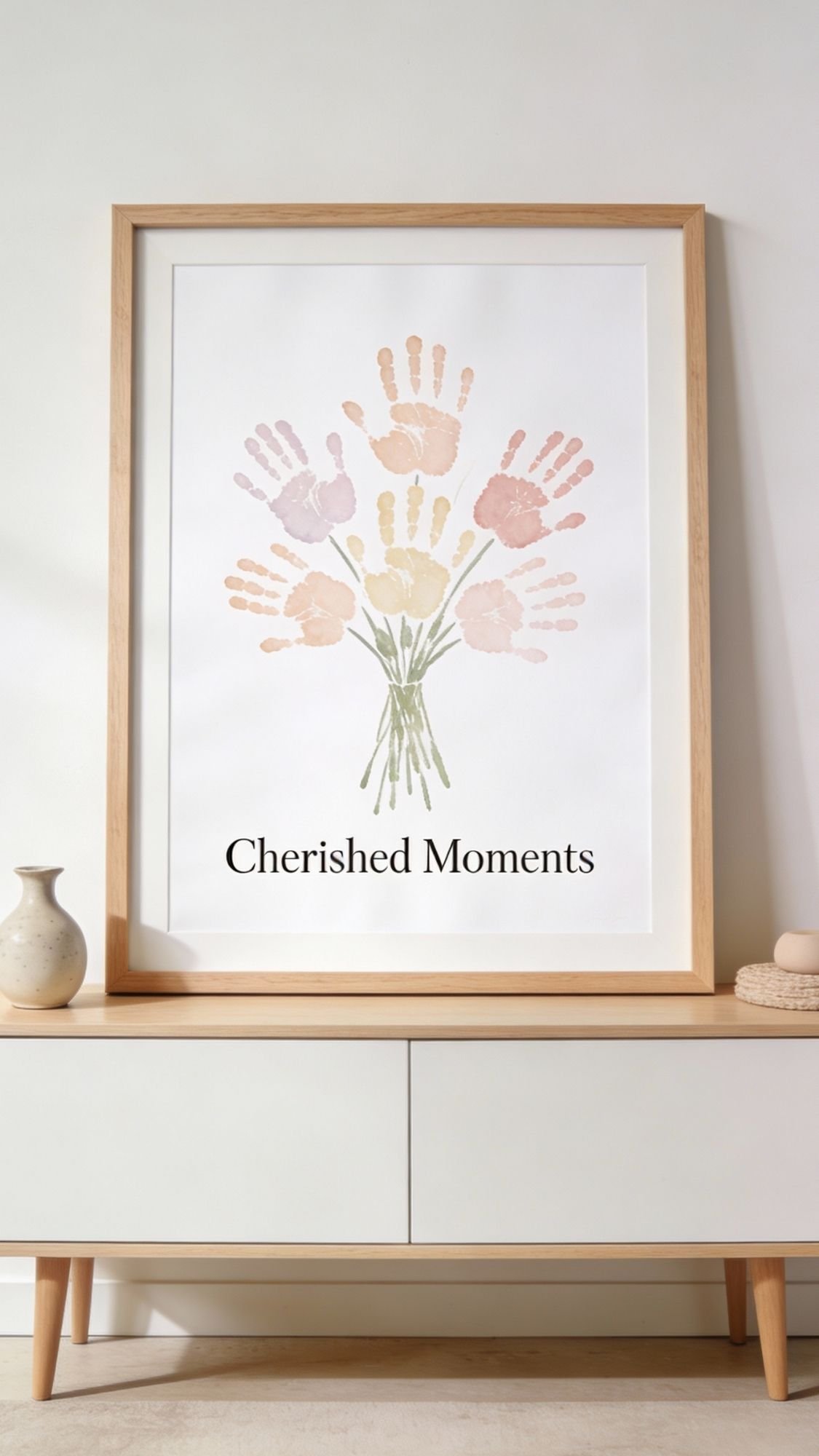 Framed artwork featuring pastel-colored handprints arranged like a bouquet, with the words “Cherished Moments” below. Perfect for kids crafts or DIY presents for mom, it sits on a modern wooden console with decorative vases beside it.