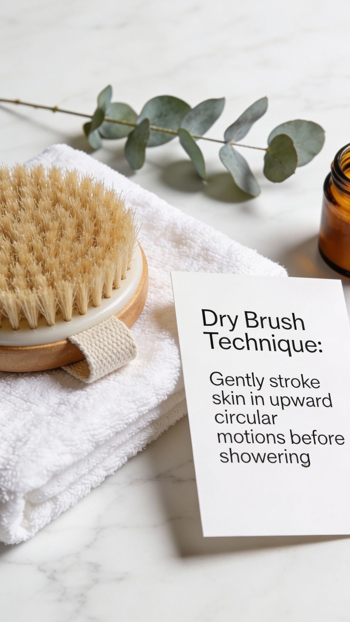 A dry brush on a folded white towel sits next to a sprig of eucalyptus, a small brown glass jar, and a card about the dry brush technique—perfect for DIY spa gifts or an at home spa day on a white marble surface.