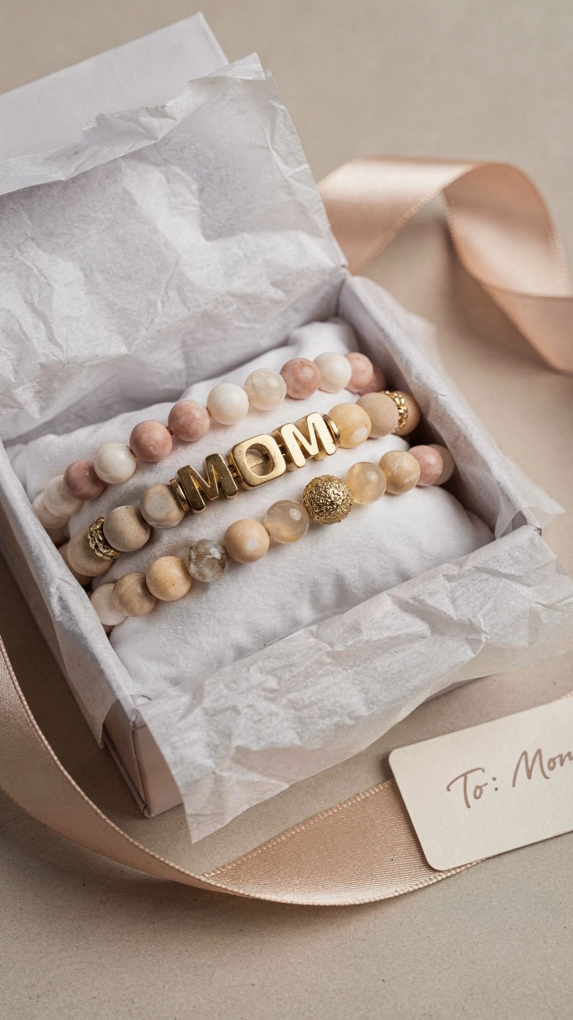 A gift box with three beaded bracelets in soft pink and beige tones—one spelling MOM in gold—makes the perfect homemade gift. Lined with tissue and satin ribbon, it's an ideal DIY present for Mom, complete with a “To: Mom” gift tag.