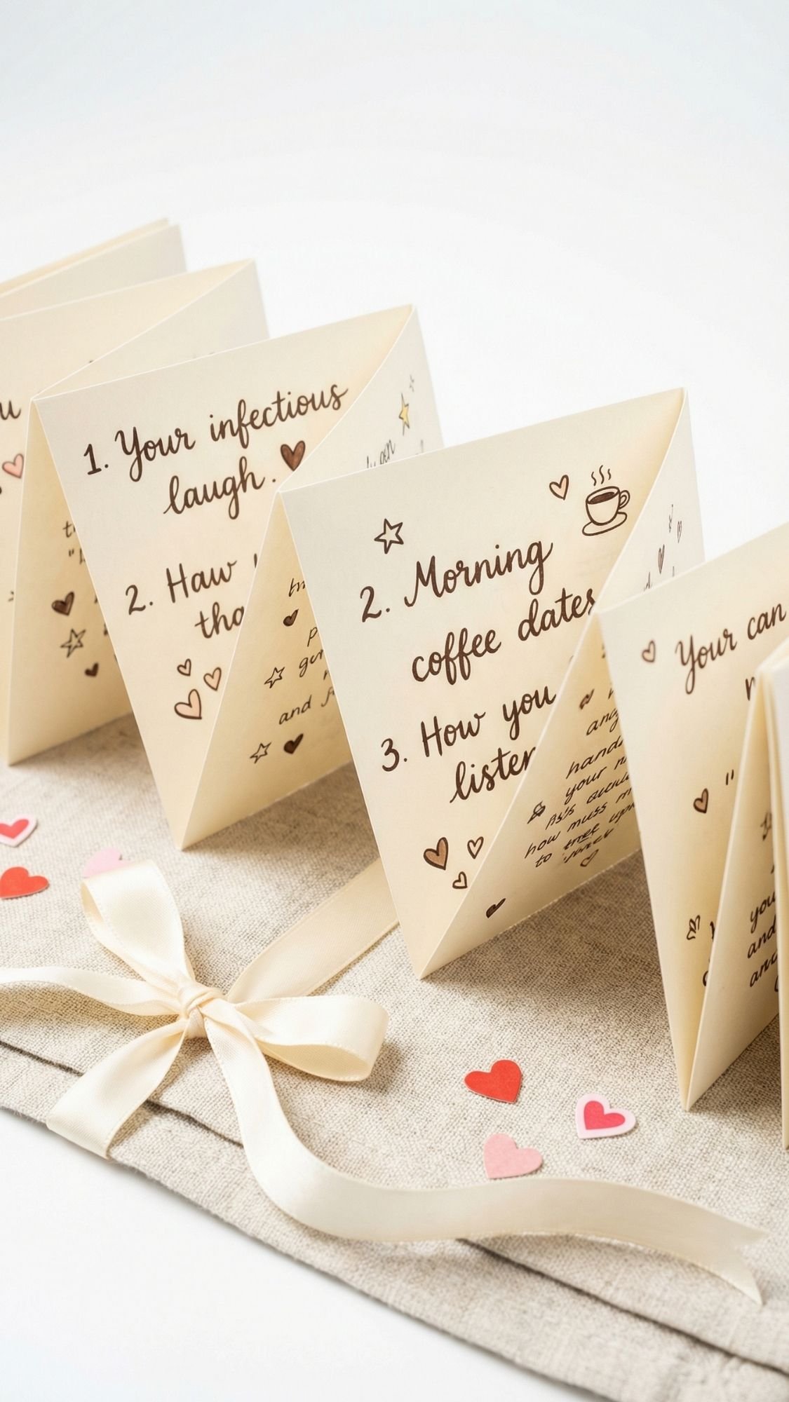 A handmade accordion-style card, perfect as a DIY present for mom, features handwritten notes, hearts, and star doodles. It sits on beige fabric with a white ribbon and paper heart confetti. Messages include “Your infectious laugh” and “Morning coffee dates.”.