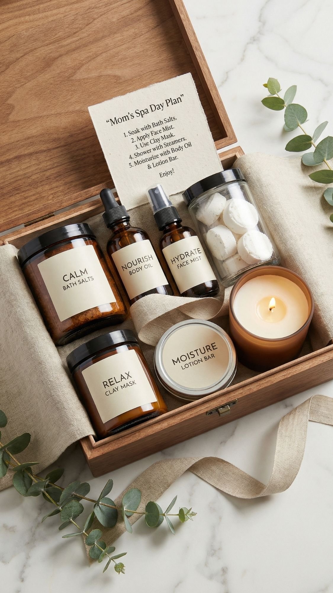 A wooden box with jars labeled Calm Bath Salts, Relax Clay Mask, Hydrate Face Mist, Nourish Body Oil, a Moisture Lotion Bar, a candle, bath bombs, greenery, and a “Mom’s Spa Day Plan” card—perfect DIY spa gifts for an at home spa.
