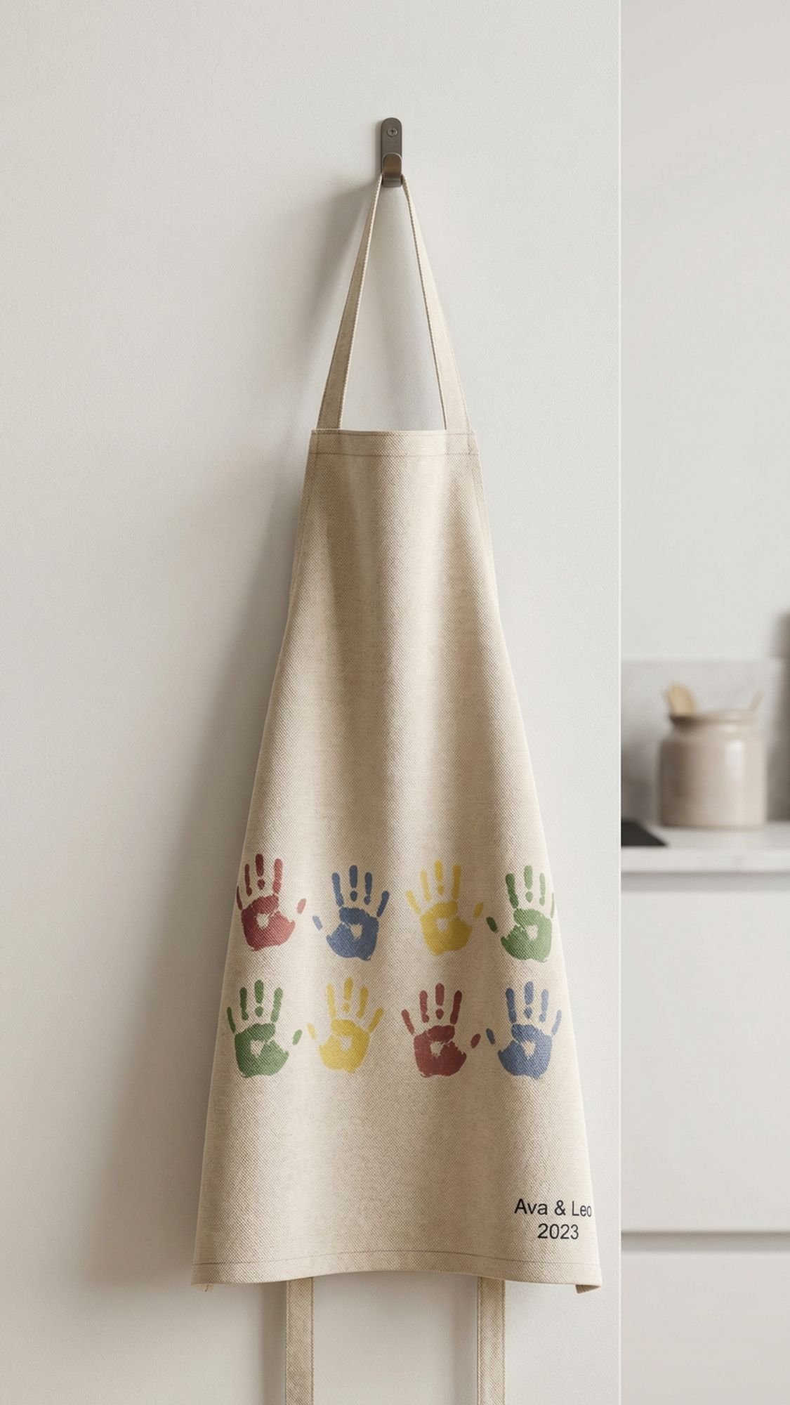 A beige apron hangs on a wall hook, featuring colorful red, blue, green, and yellow handprints. Personalized with "Ava & Leo 2023" in the corner, it’s a charming example of kids crafts and perfect for DIY presents or gifts for mom.