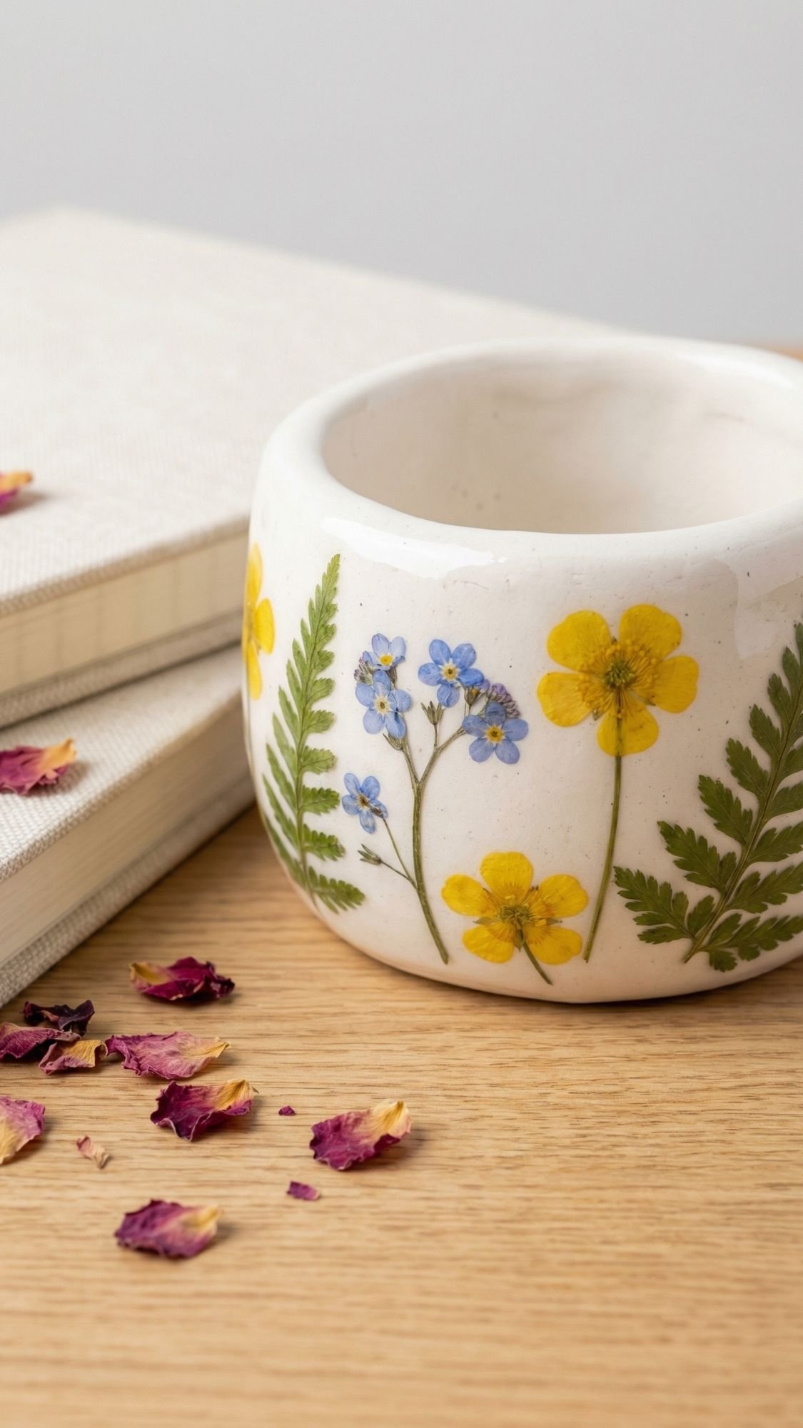 A white ceramic bowl decorated with pressed yellow flowers, blue flowers, and green ferns sits on a wooden surface near two closed books—an ideal handmade gift or DIY present for mom, surrounded by scattered dried rose petals.