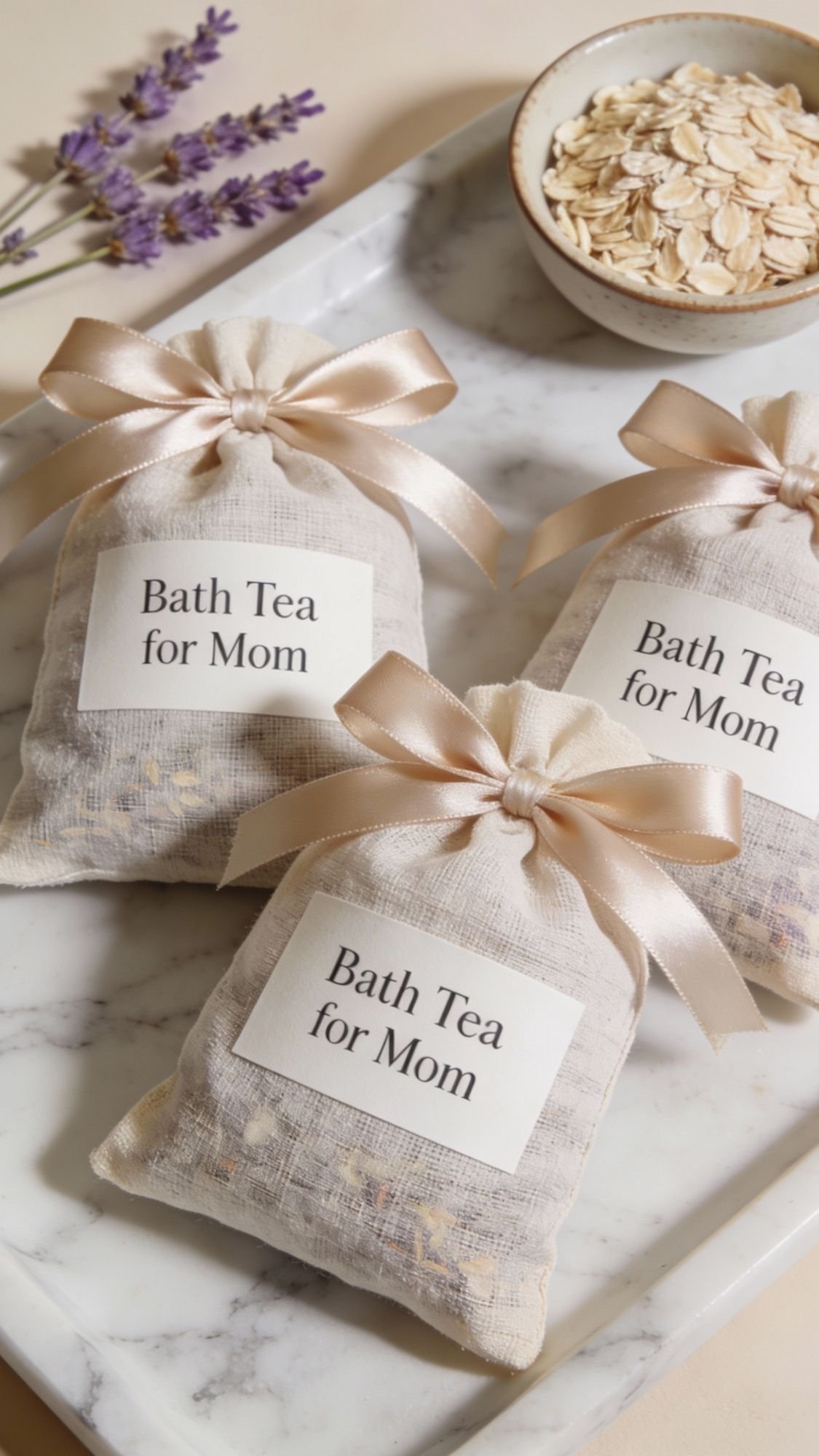 Three fabric sachets labeled Bath Tea for Mom, tied with cream-colored ribbon bows, are arranged on a marble tray beside a small bowl of oats and a sprig of lavender—perfect as easy gifts or DIY presents for Mom.
