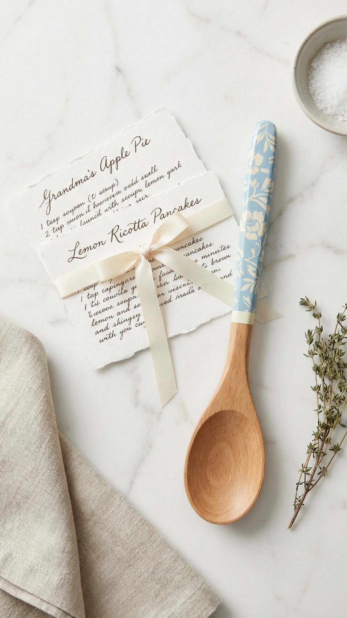 A wooden spoon with a blue floral handle rests beside two handwritten recipe cards tied with a cream ribbon—thoughtful DIY presents that make perfect gifts for mom—plus a sprig of thyme, beige napkin, and small bowl of salt on marble.