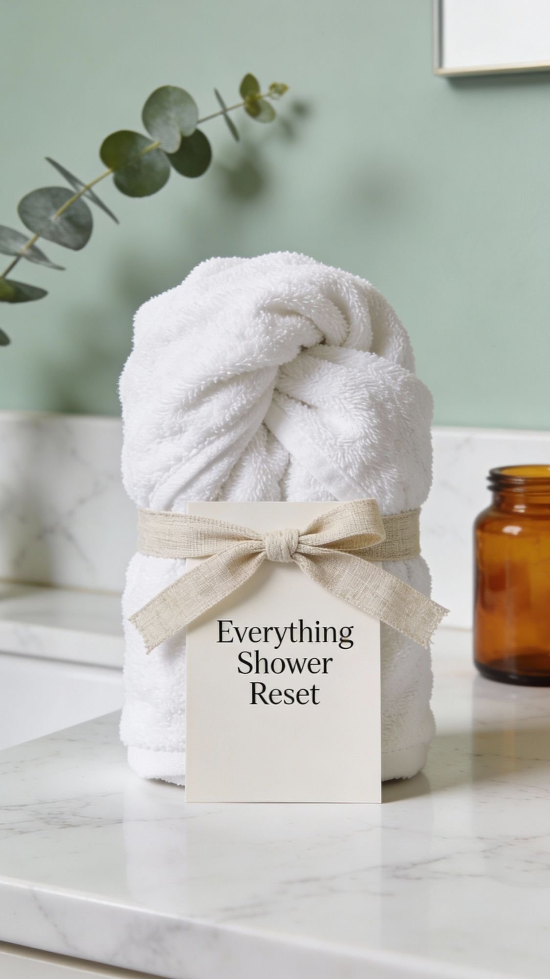 A rolled white towel tied with a beige ribbon and a tag reading Everything Shower Reset sits on a marble bathroom counter—perfect for DIY spa day gifts or thoughtful presents for mom. A brown jar and green eucalyptus branch are in the background.