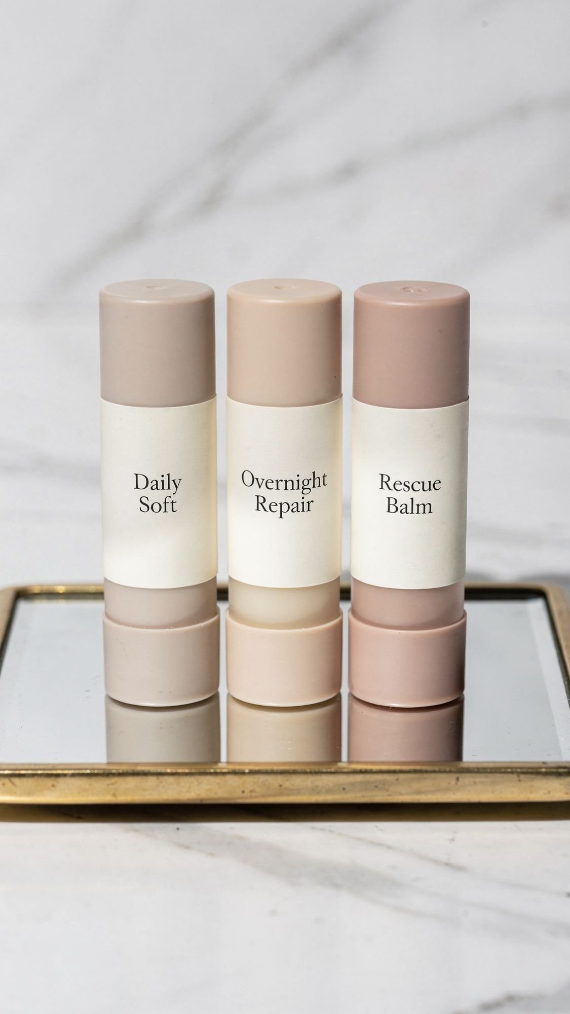 Three cylindrical lip balm tubes labeled Daily Soft, Overnight Repair, and Rescue Balm stand upright on a small rectangular mirror with a gold rim, perfect for a Mom Spa Day or DIY Spa Gifts, set against a white marble background.