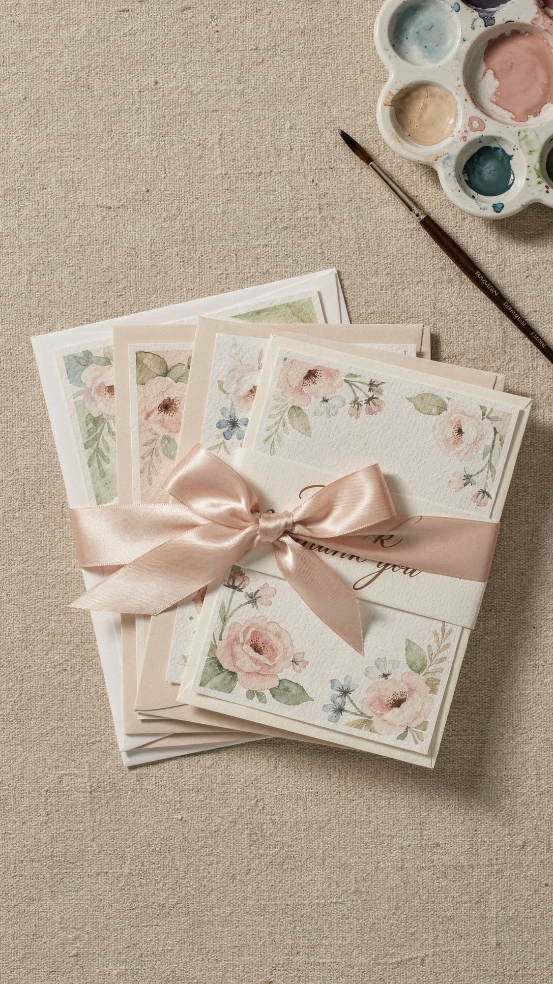A stack of floral thank-you cards with pastel watercolor designs, tied with a pale pink satin ribbon, sits on a textured fabric surface—perfect inspiration for kids crafts or handmade gifts like DIY presents for mom.